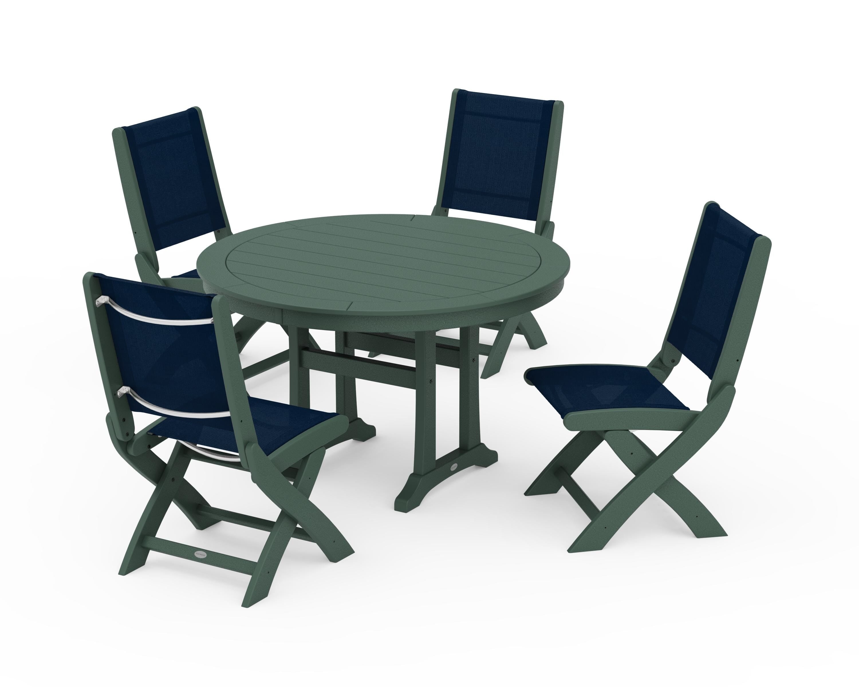 POLYWOOD Coastal Folding Side Chair 5-Piece Round Dining Set With Trestle Legs in Green / Navy Blue Sling