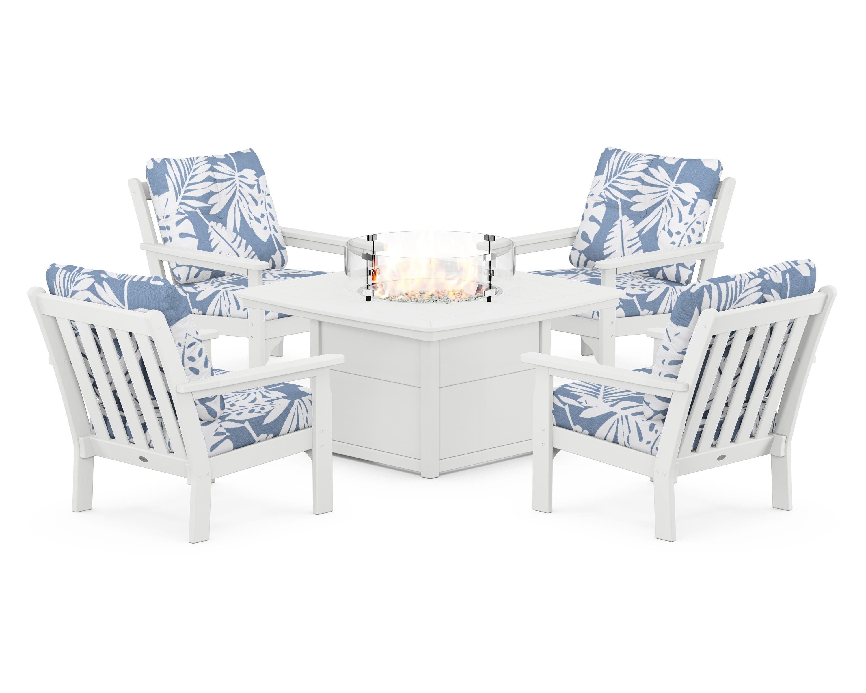 POLYWOOD Vineyard 5-Piece Conversation Set with Fire Pit Table in White / Leaf Sky Blue