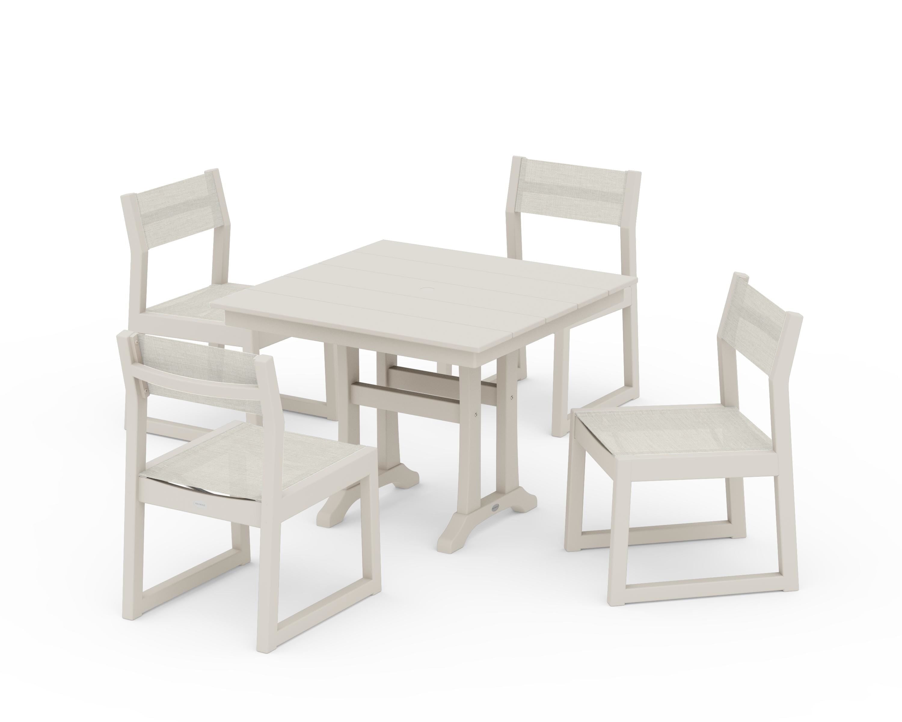 POLYWOOD EDGE Sling 5-Piece Farmhouse Trestle Side Chair Dining Set in Sand / Parchment Sling