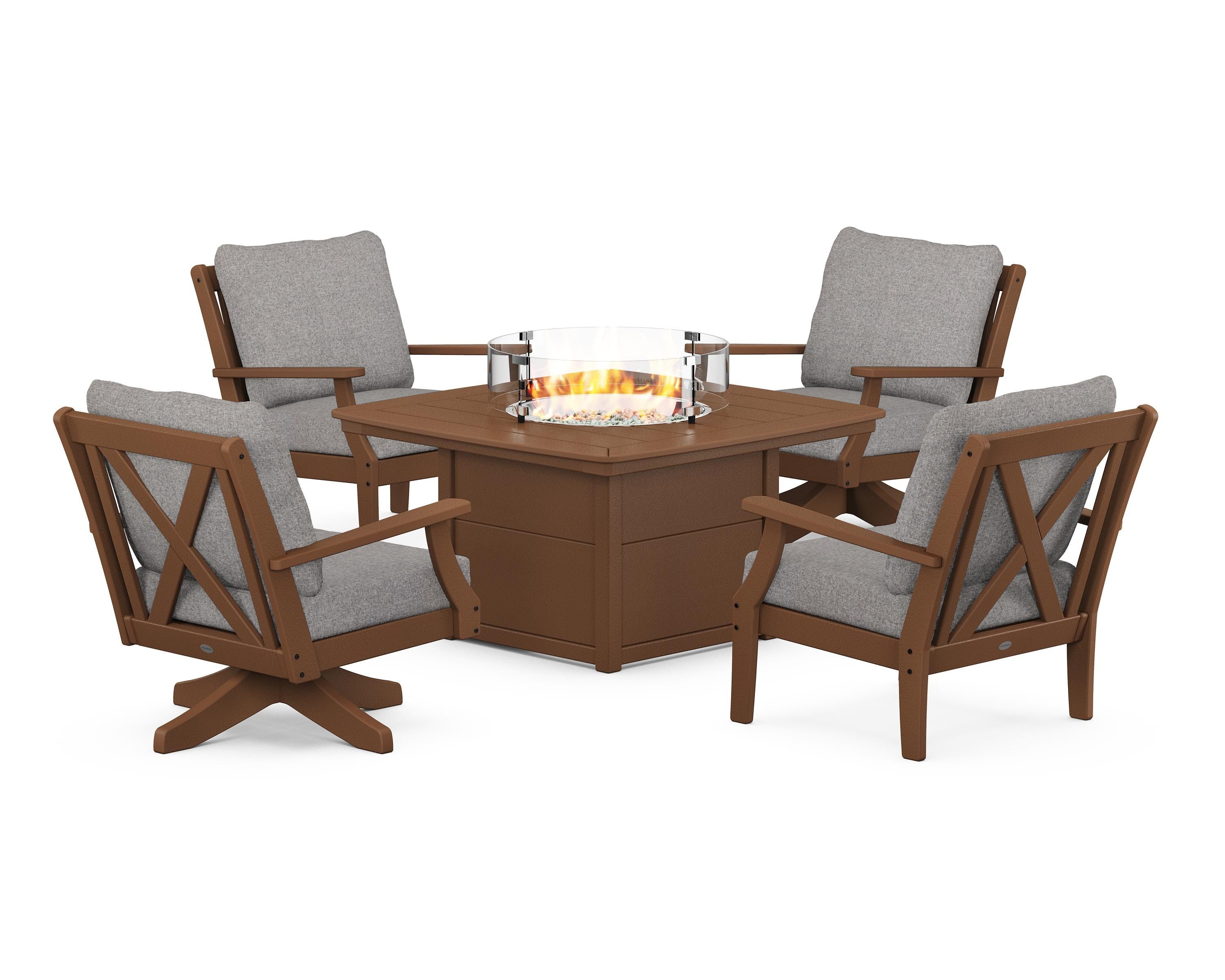 POLYWOOD Braxton 5-Piece Deep Seating Set with Fire Table in Teak / Grey Mist