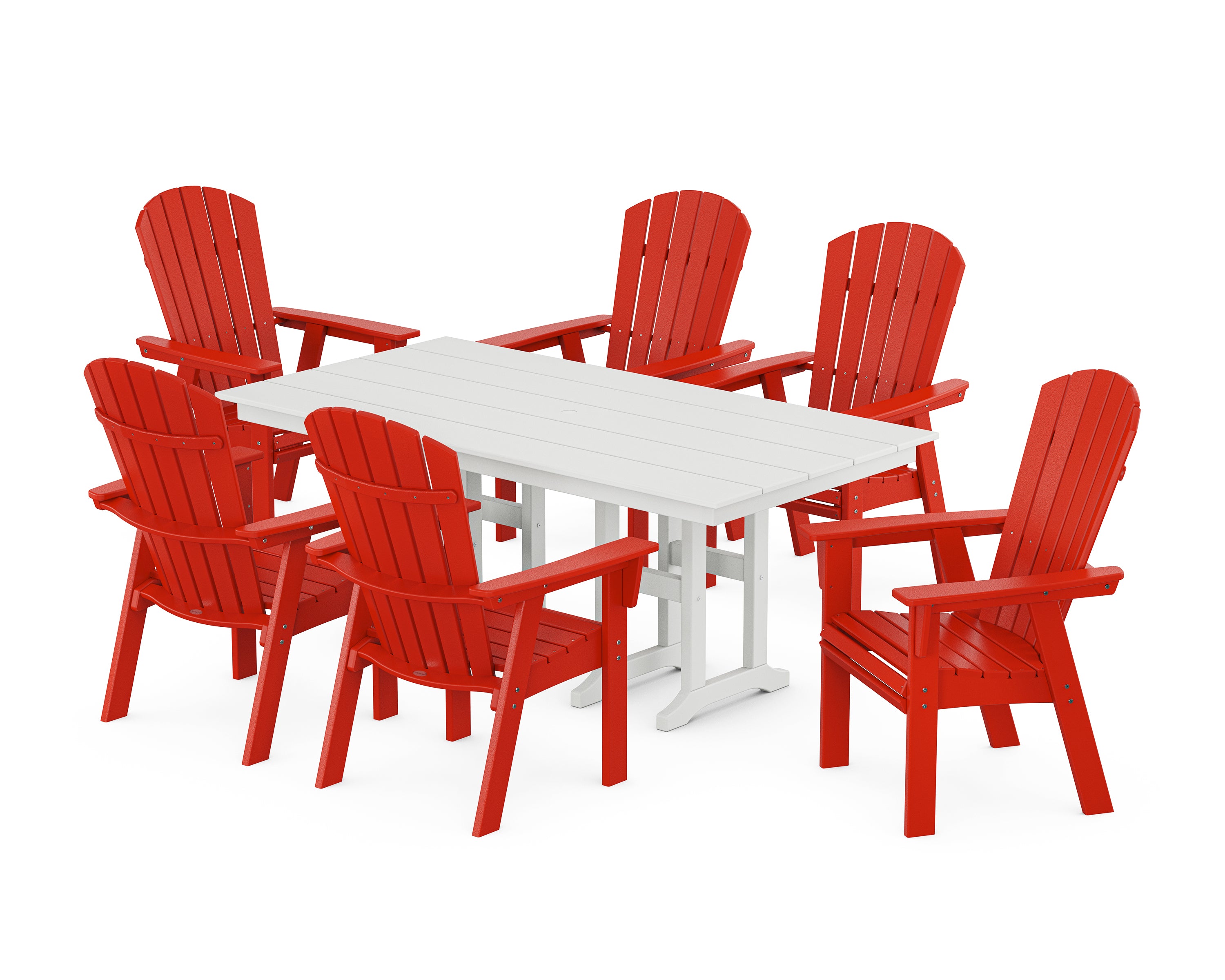 POLYWOOD Nautical Curveback Adirondack 7-Piece Farmhouse Dining Set in Sunset Red / White