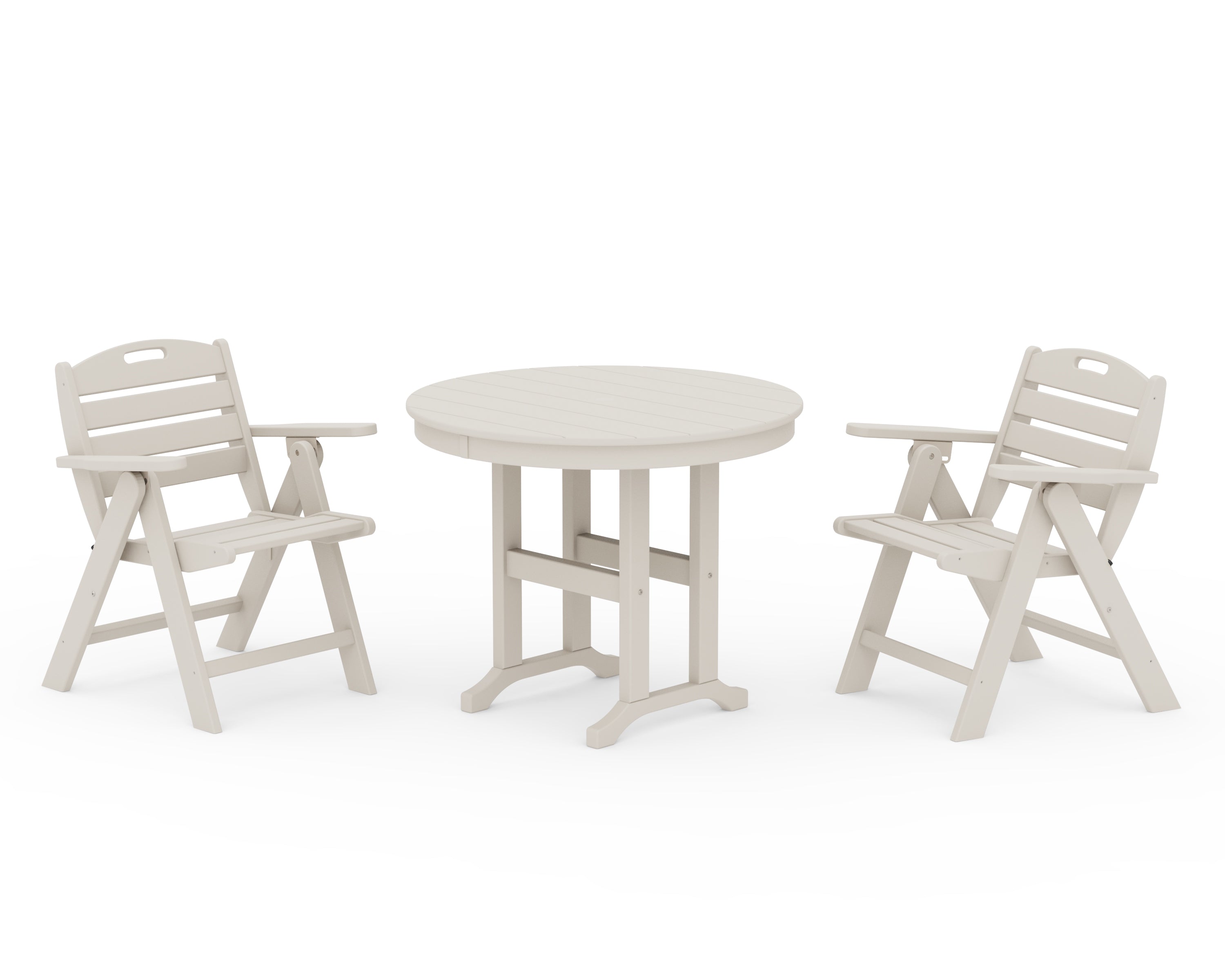 POLYWOOD Nautical Folding Lowback Chair 3-Piece Round Dining Set in Sand