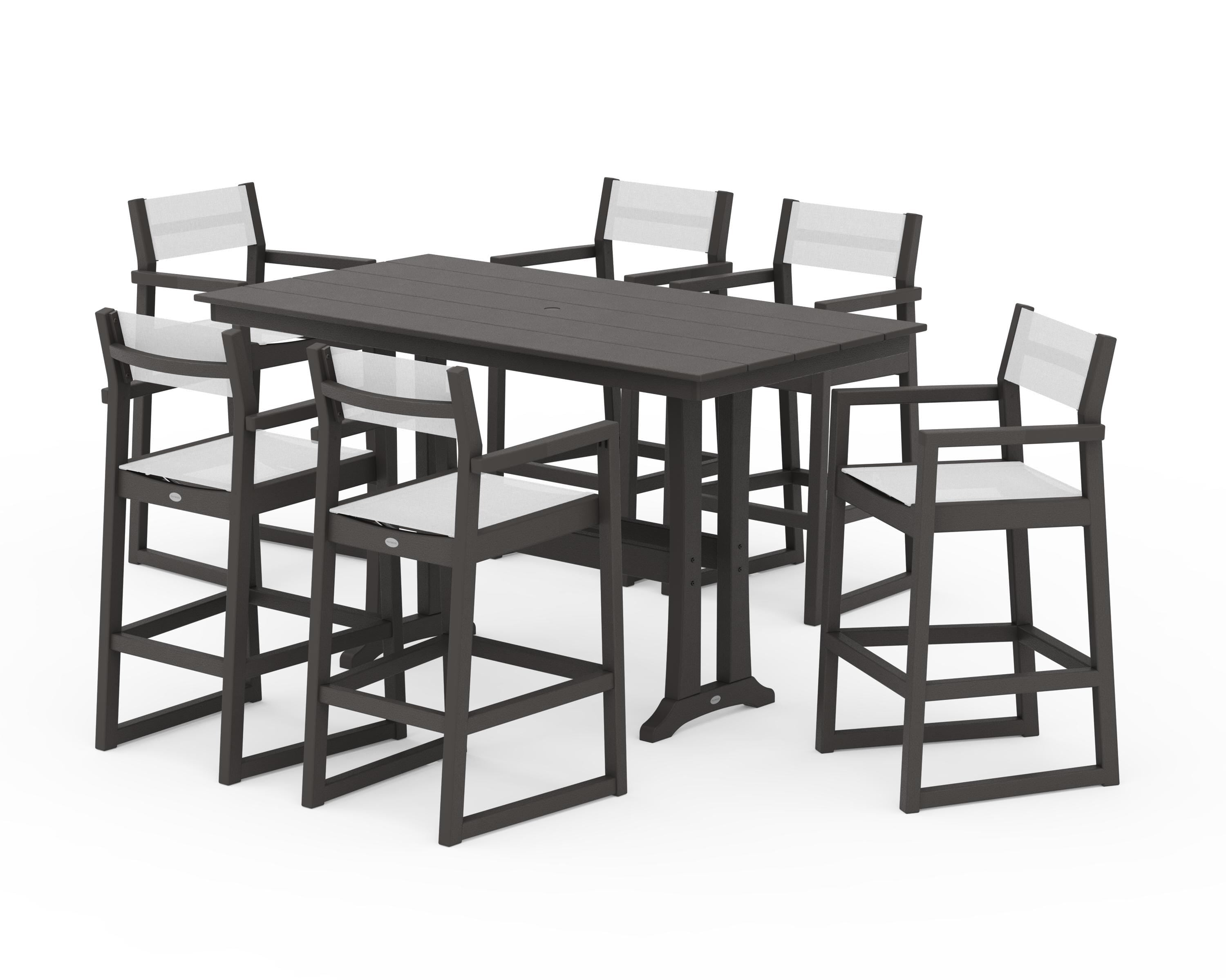 POLYWOOD EDGE Sling Arm Chair 7-Piece Farmhouse Bar Set with Trestle Legs in Vintage Coffee / White Sling
