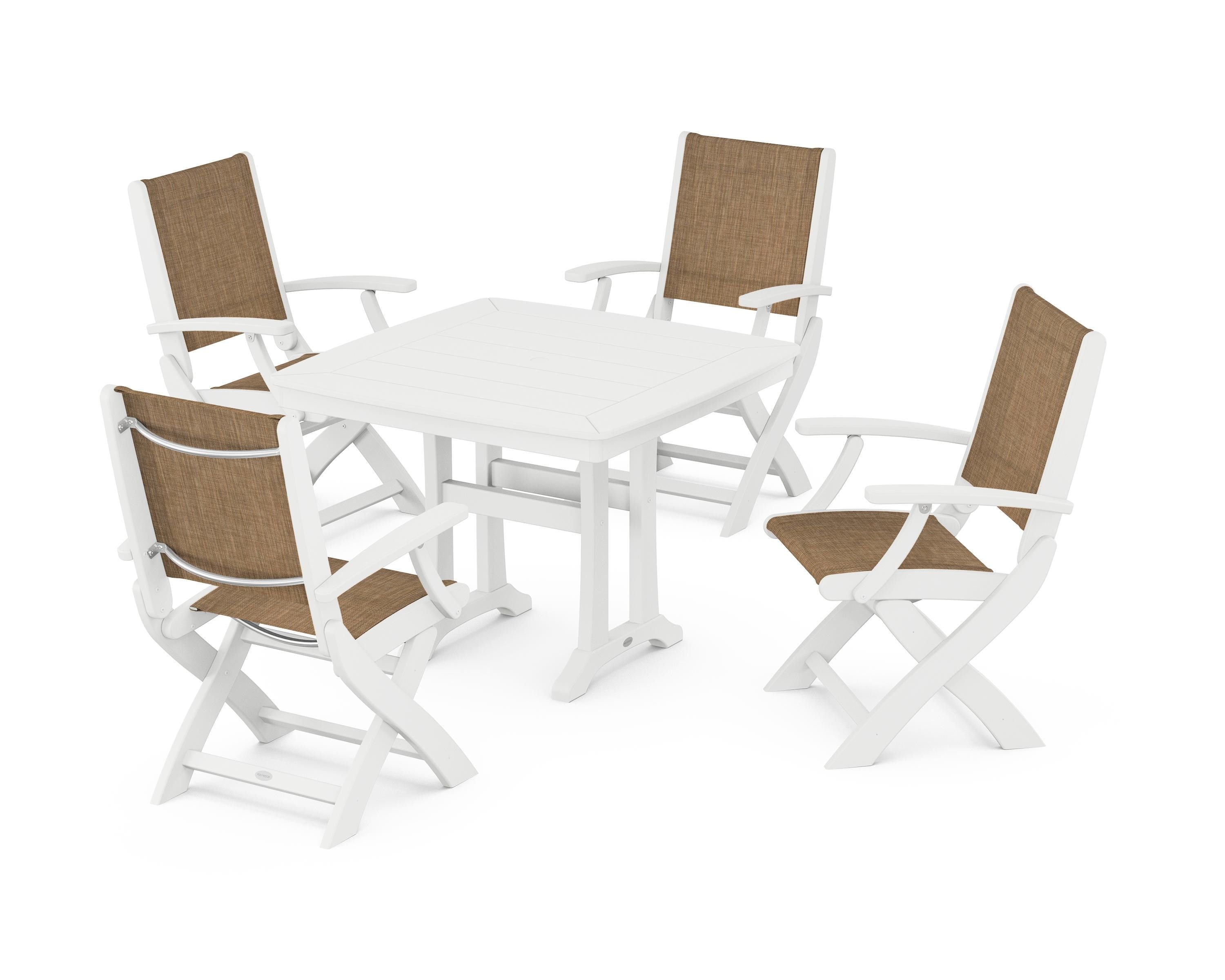POLYWOOD Coastal Folding Chair 5-Piece Dining Set with Trestle Legs in White / Burlap Sling