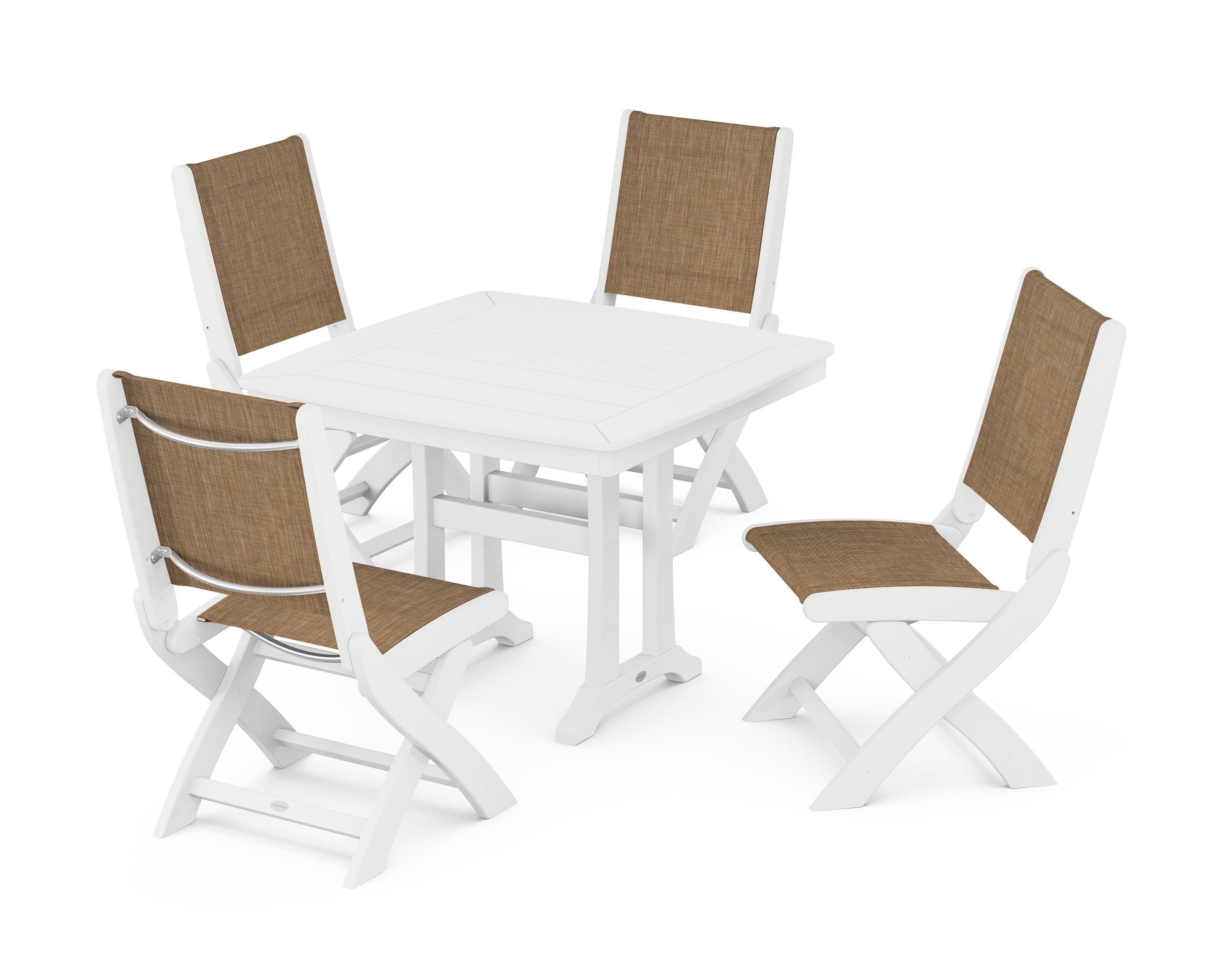POLYWOOD Coastal Folding Side Chair 5-Piece Dining Set with Trestle Legs in White / Burlap Sling