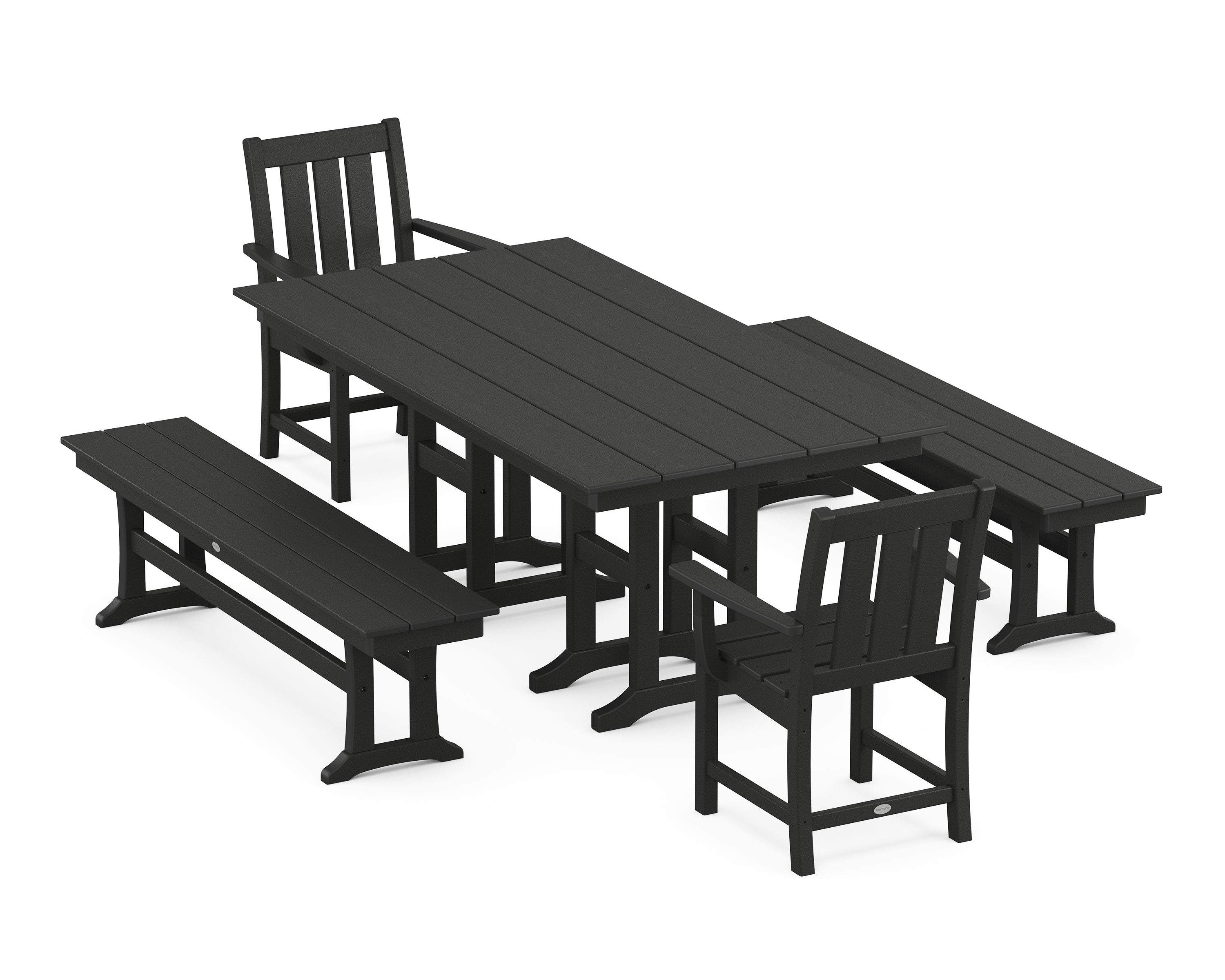 POLYWOOD® Oxford 5-Piece Farmhouse Dining Set with Benches in Black