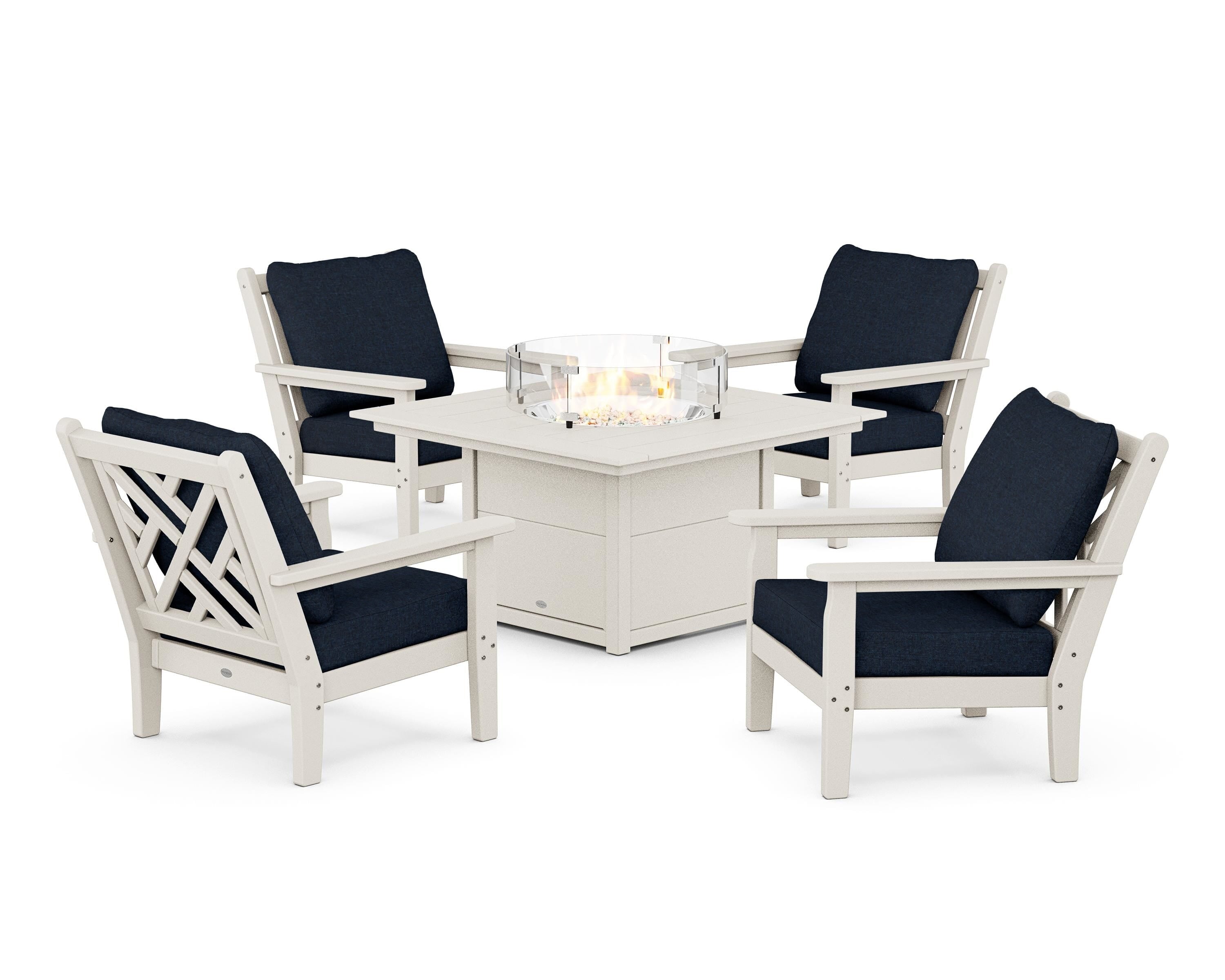 POLYWOOD Chippendale 5-Piece Deep Seating Set with Fire Pit Table in Sand / Marine Indigo
