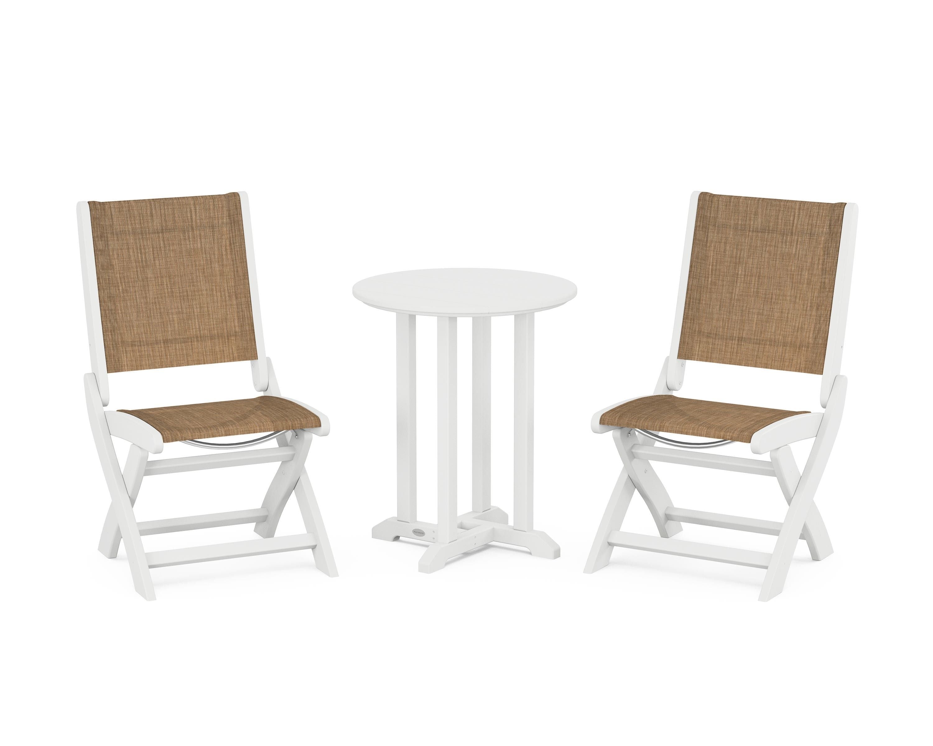 POLYWOOD Coastal Folding Side Chair 3-Piece Round Bistro Dining Set in White / Burlap Sling