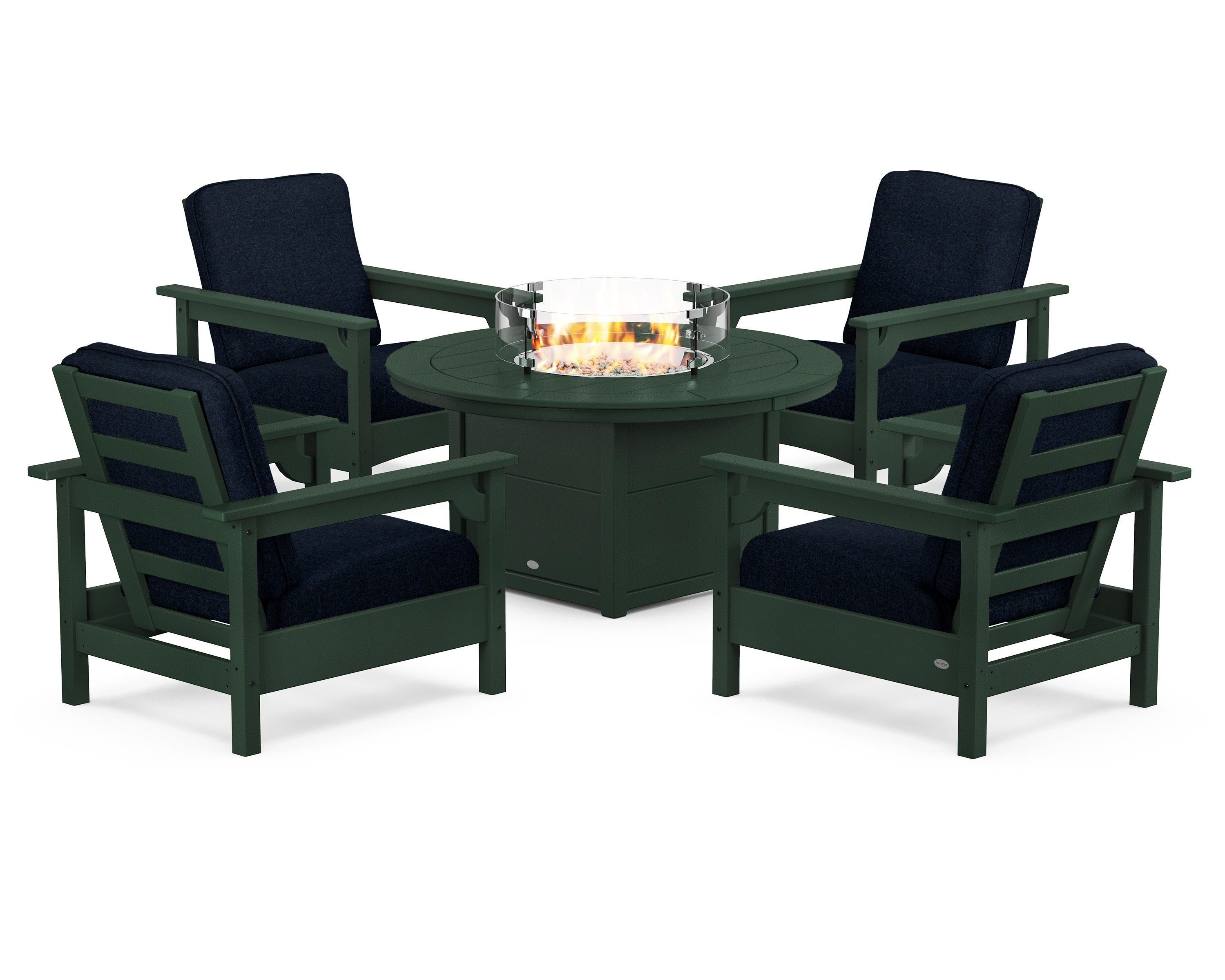POLYWOOD Club 5-Piece Conversation Set with Fire Pit Table in Green / Marine Indigo