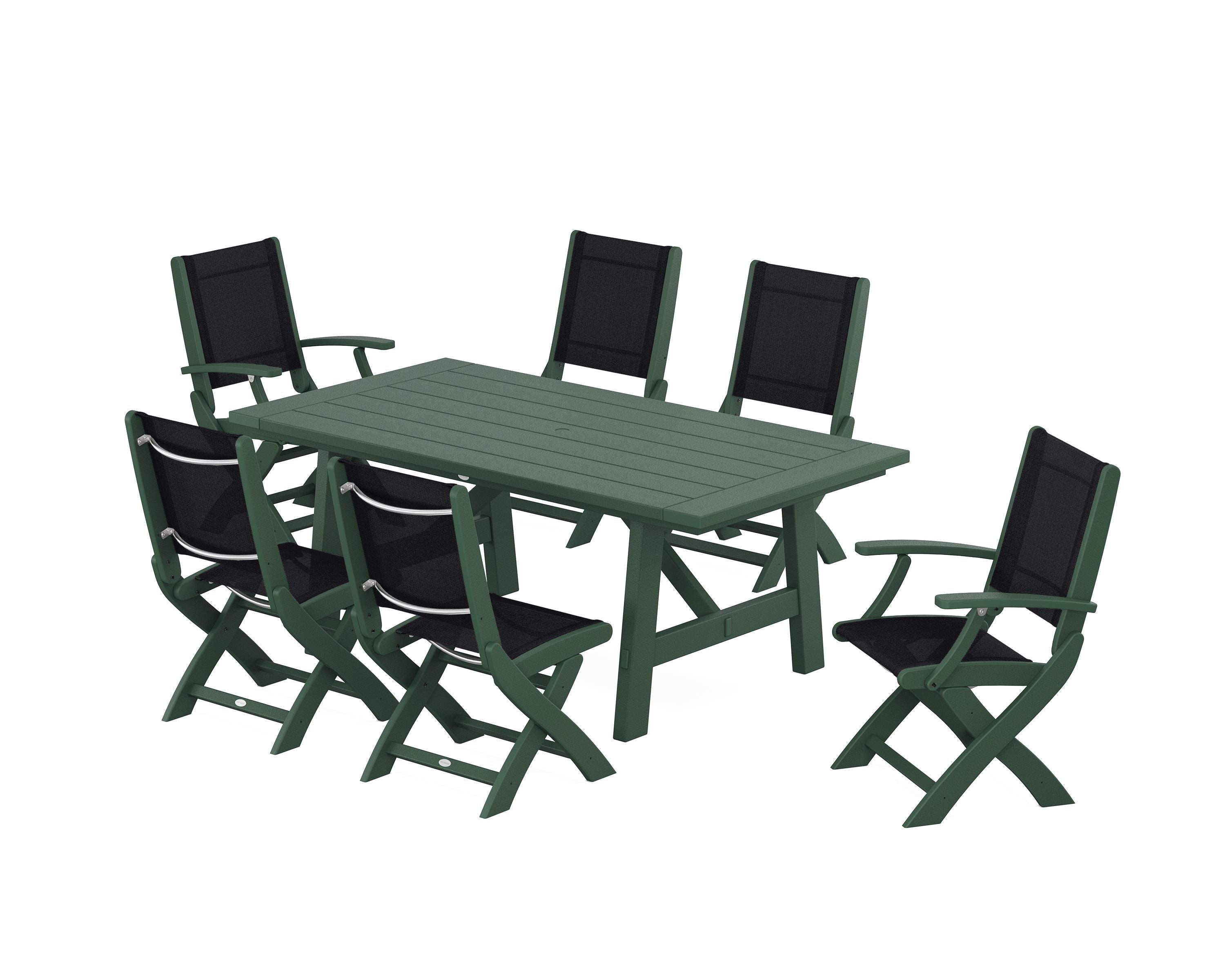 POLYWOOD Coastal Folding Chair 7-Piece Rustic Farmhouse Dining Set in Green / Black Sling