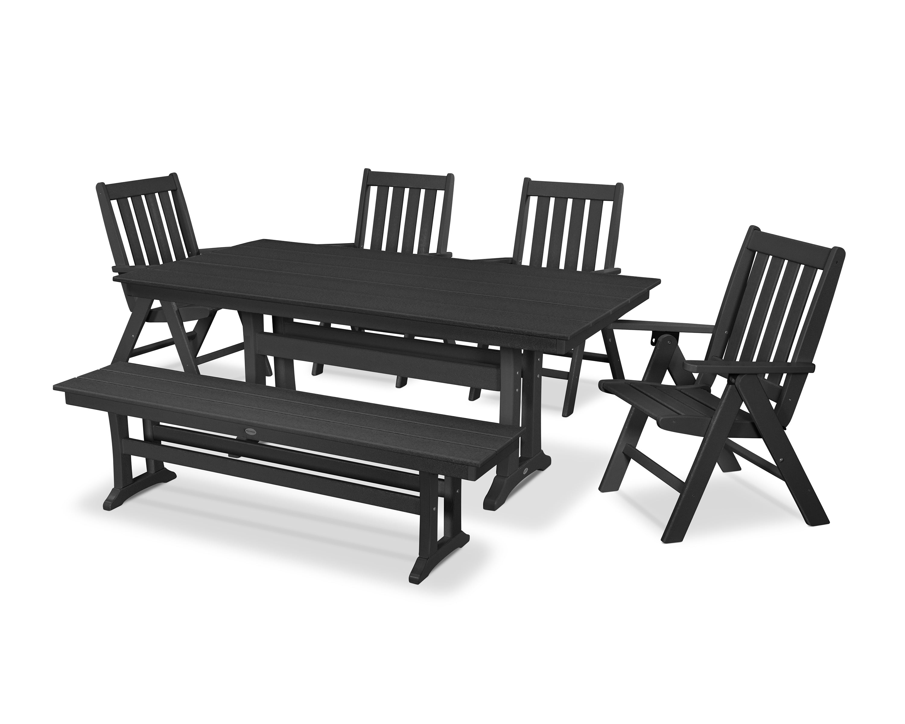 POLYWOOD® Vineyard 6-Piece Folding Chair Farmhouse Dining Set with Trestle Legs and Bench in Black