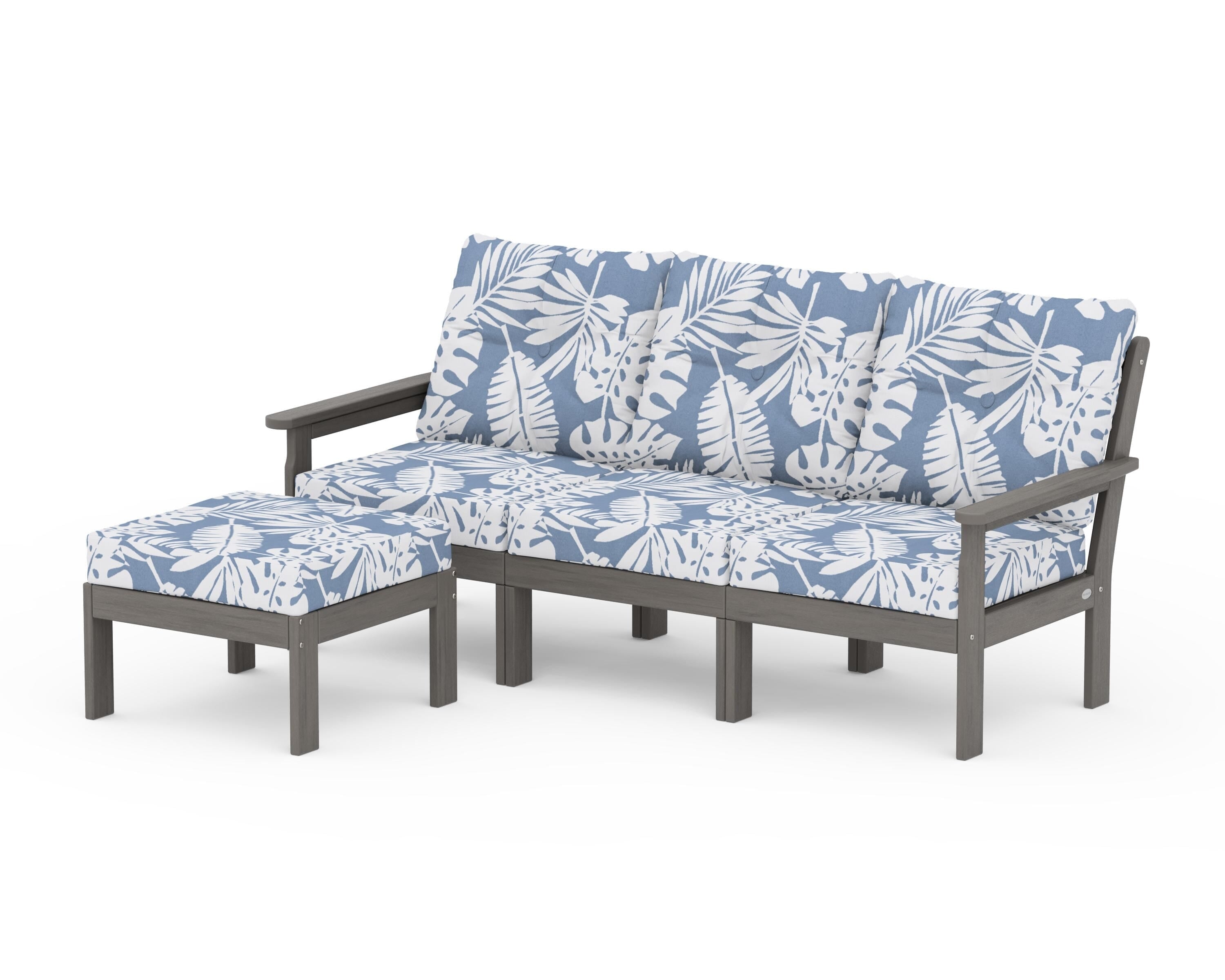 POLYWOOD Vineyard 4-Piece Sectional with Ottoman in Driftwood / Leaf Sky Blue