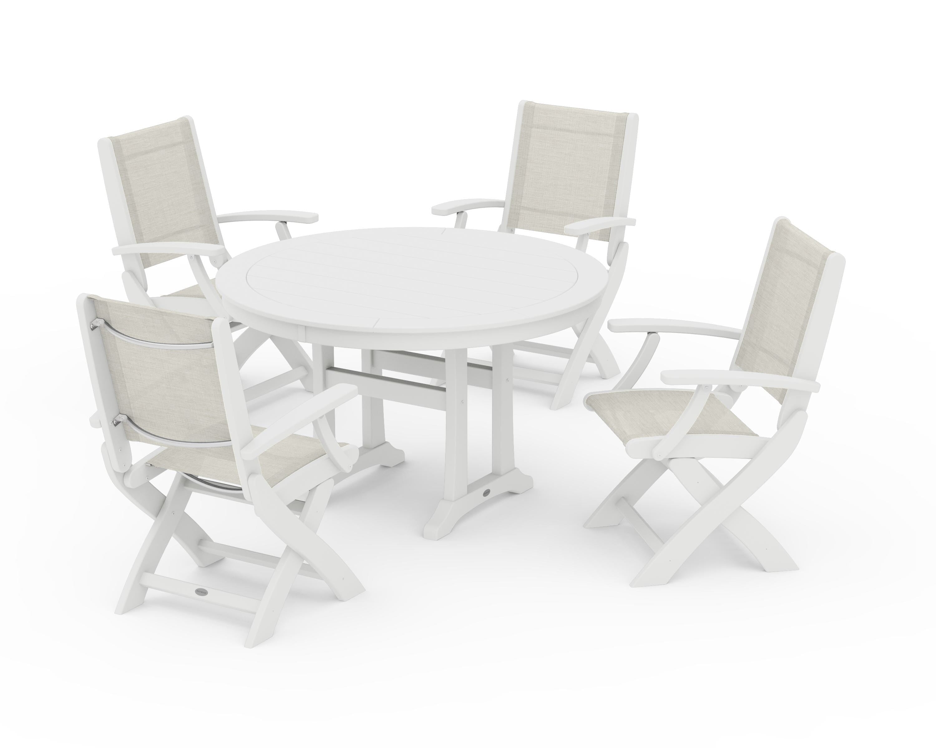 POLYWOOD Coastal Folding Chair 5-Piece Round Dining Set with Trestle Legs in White / Parchment Sling