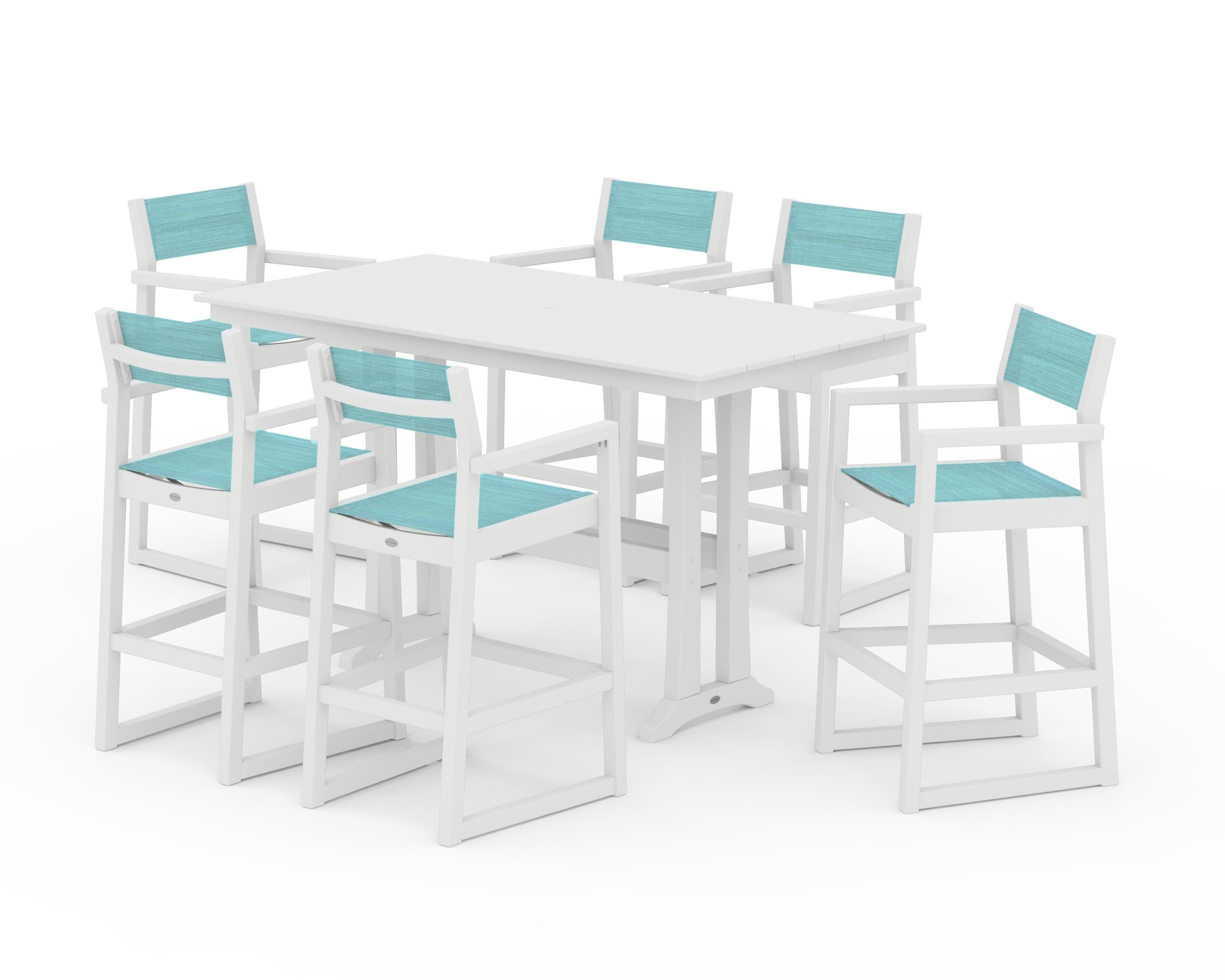 POLYWOOD EDGE Sling Arm Chair 7-Piece Farmhouse Bar Set with Trestle Legs in White / Dupioni Aquamarine Sling