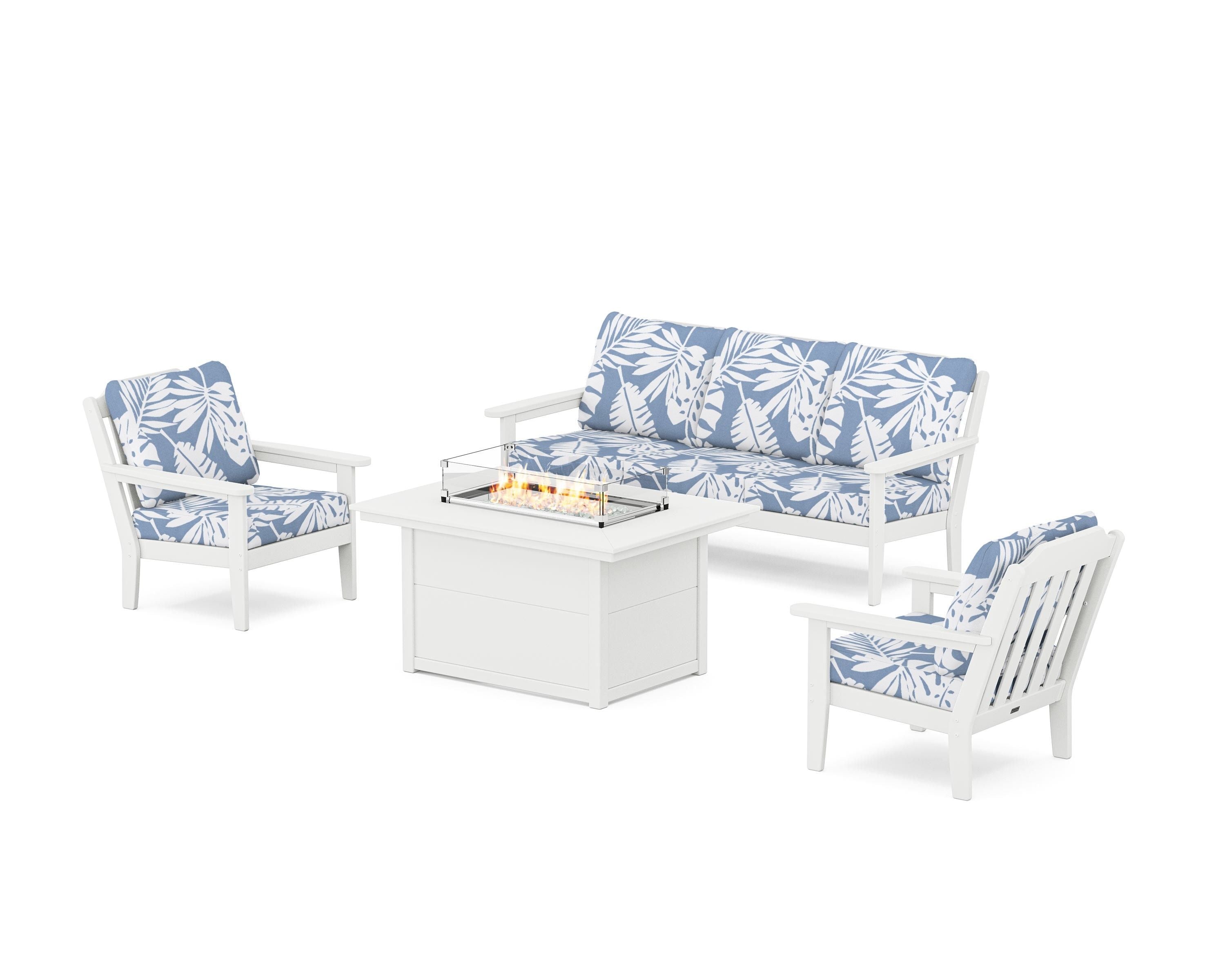 Country Living Cottage Deep Seating Fire Pit Table Set in White / Leaf Sky Blue