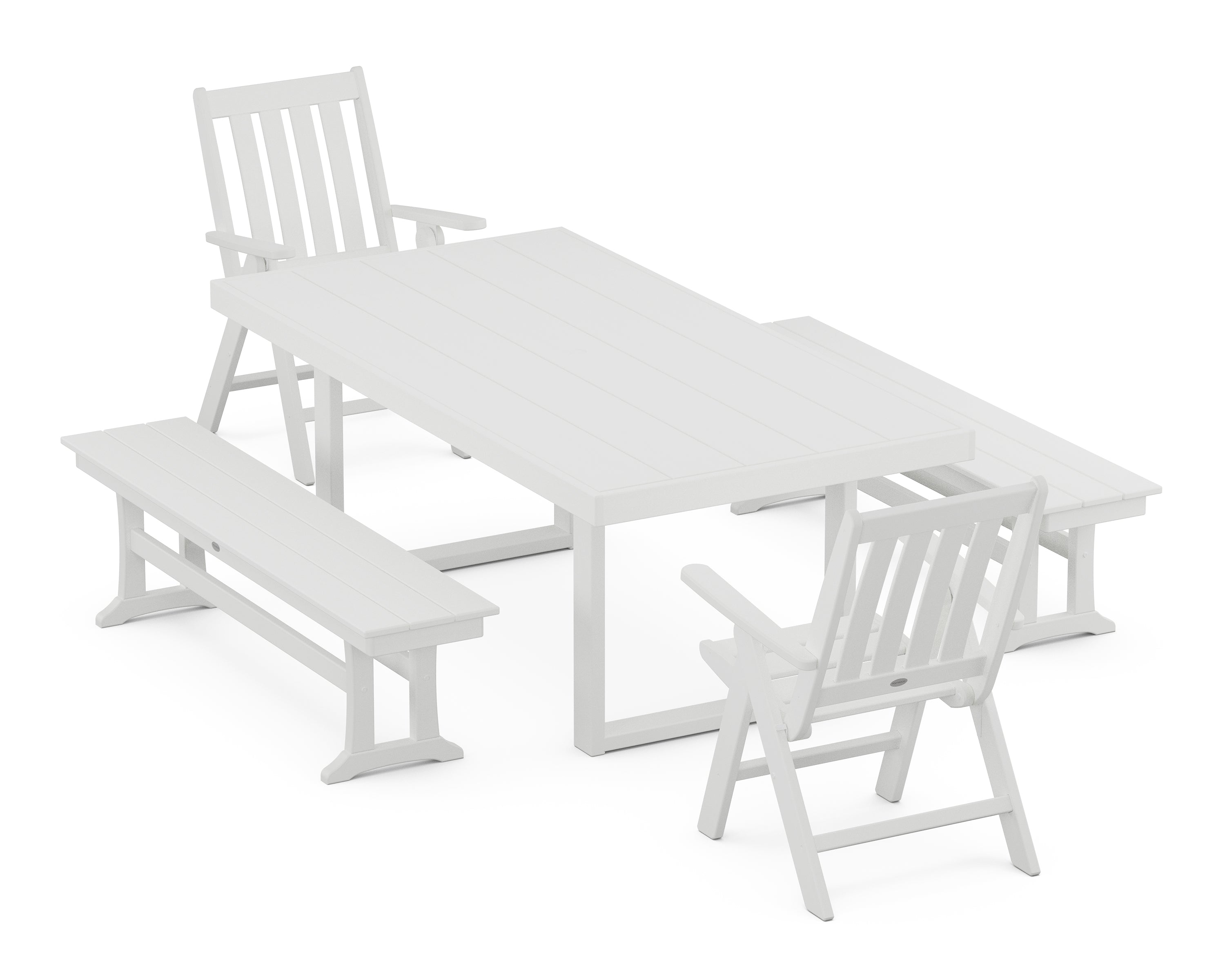 POLYWOOD® Vineyard Folding Chair 5-Piece Dining Set with Benches in White