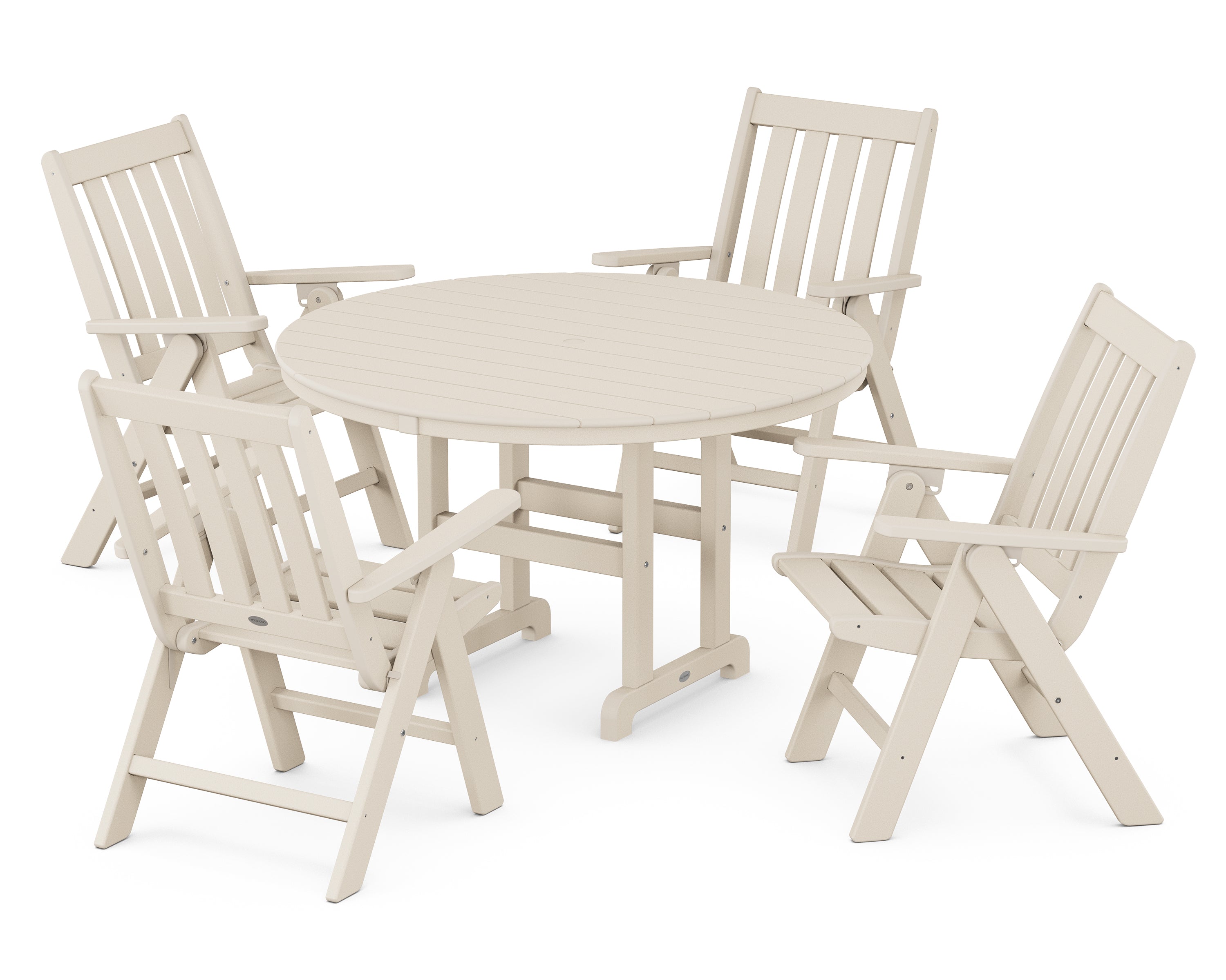 POLYWOOD® Vineyard Folding Chair 5-Piece Round Farmhouse Dining Set in Sand