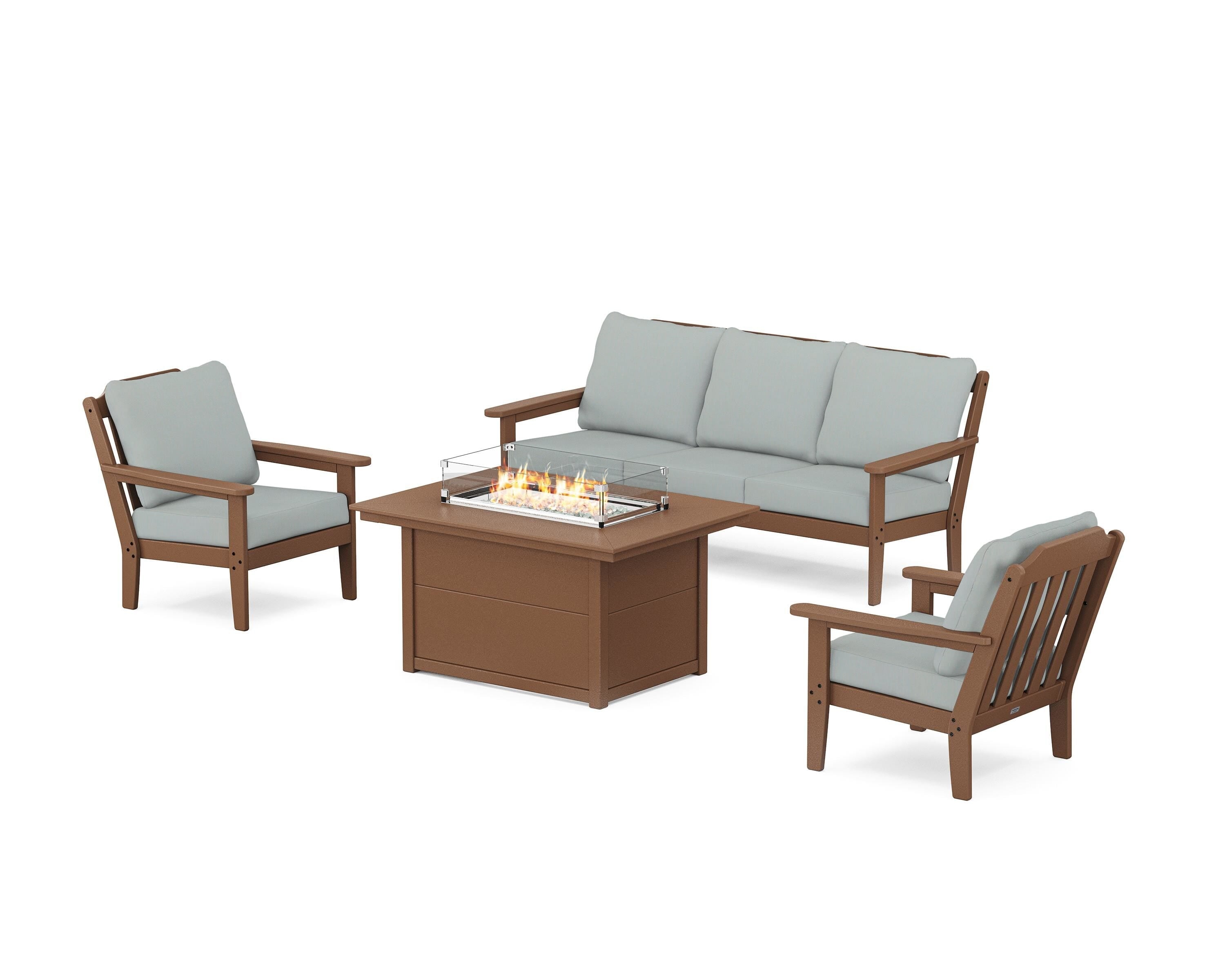 Country Living Cottage Deep Seating Fire Pit Table Set in Teak / Spa