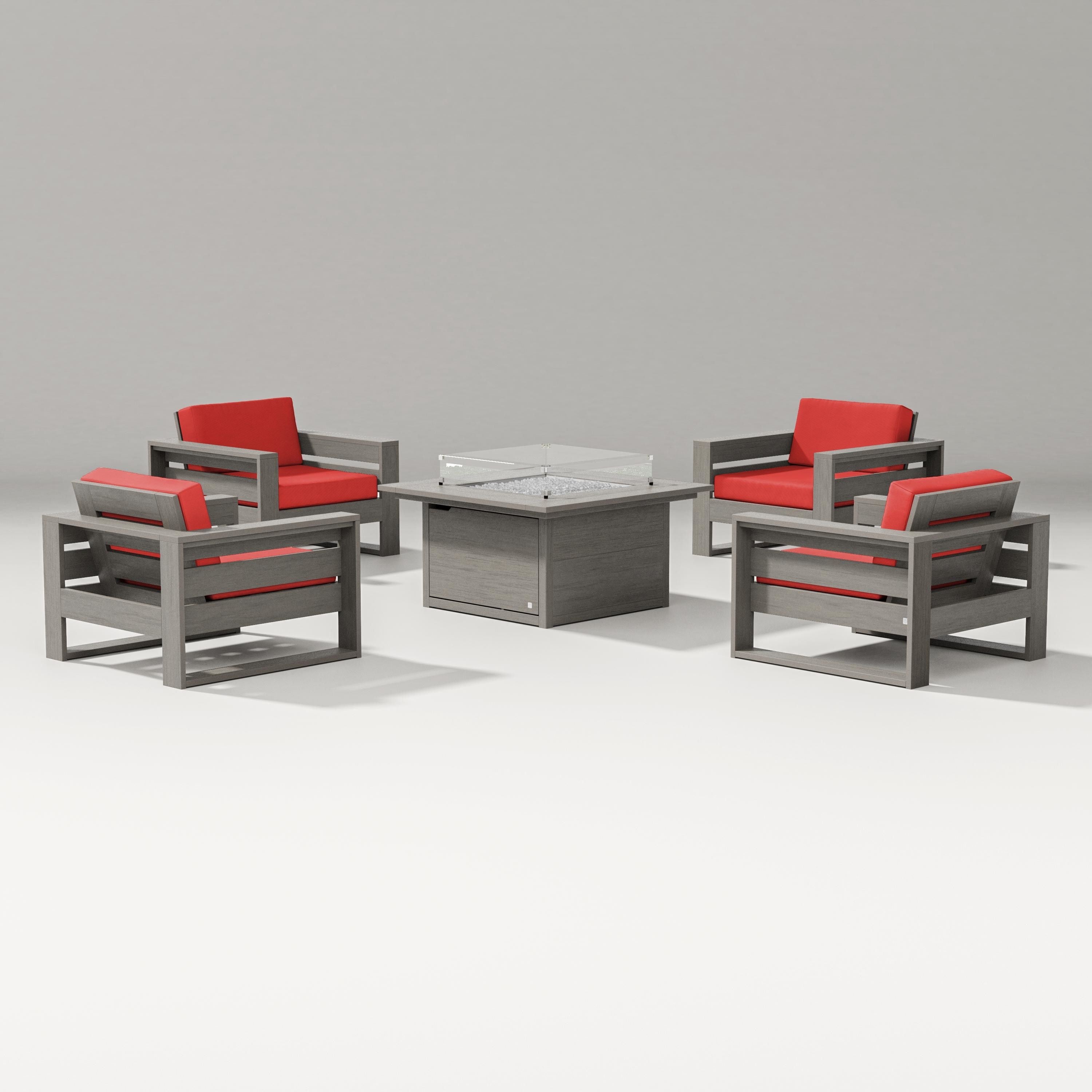 PW Designer Series Latitude 5-Piece Lounge Fire Table Set in Driftwood / Crimson Linen