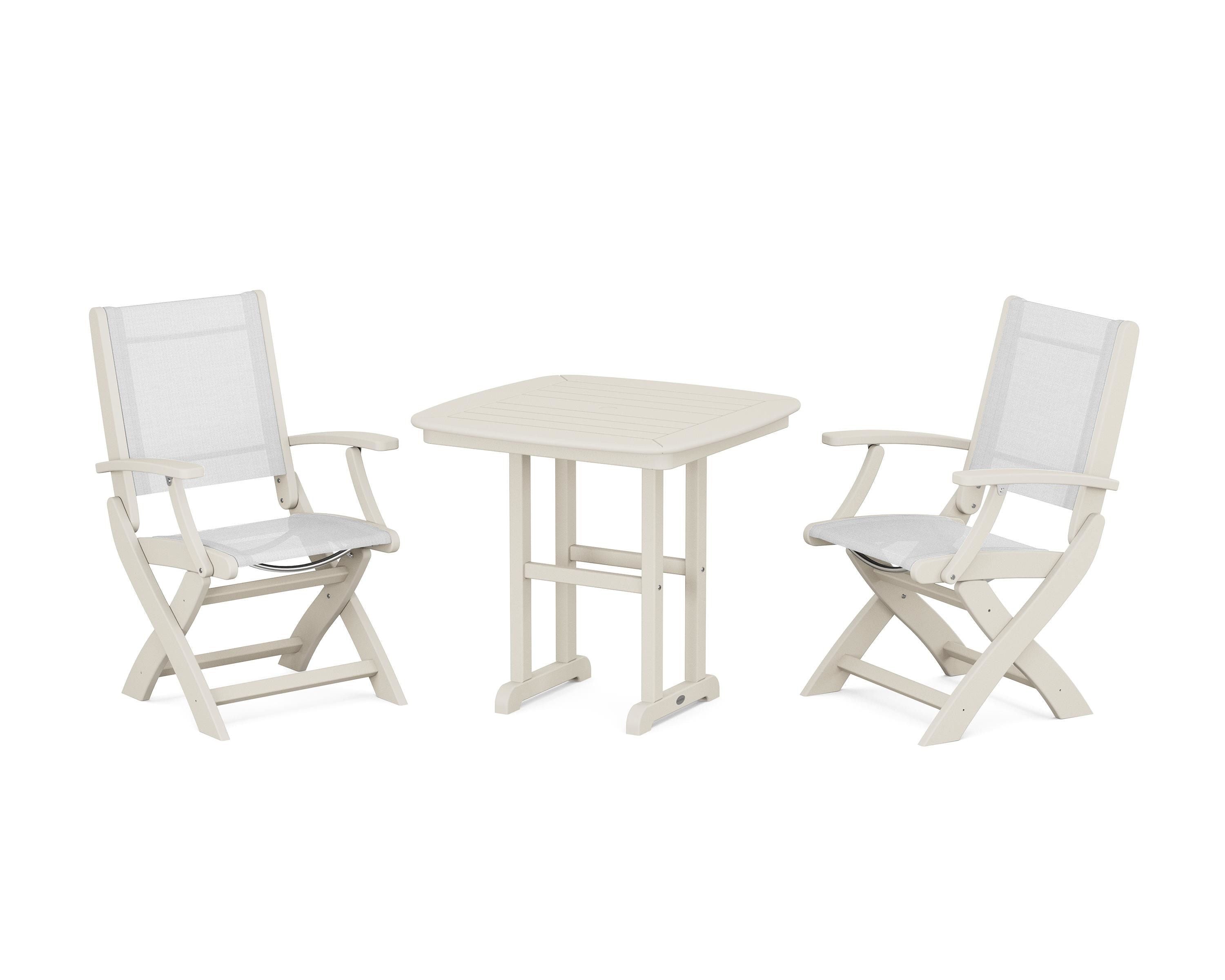 POLYWOOD Coastal Folding Chair 3-Piece Dining Set in Sand / White Sling
