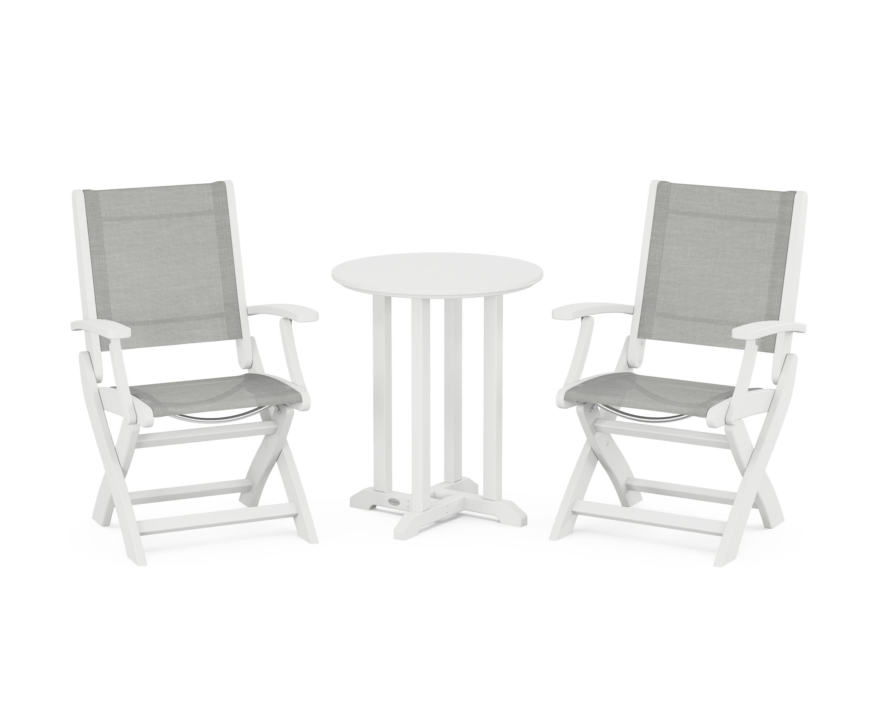 POLYWOOD Coastal Folding 3-Piece Round Bistro Dining Set in White / Metallic Sling