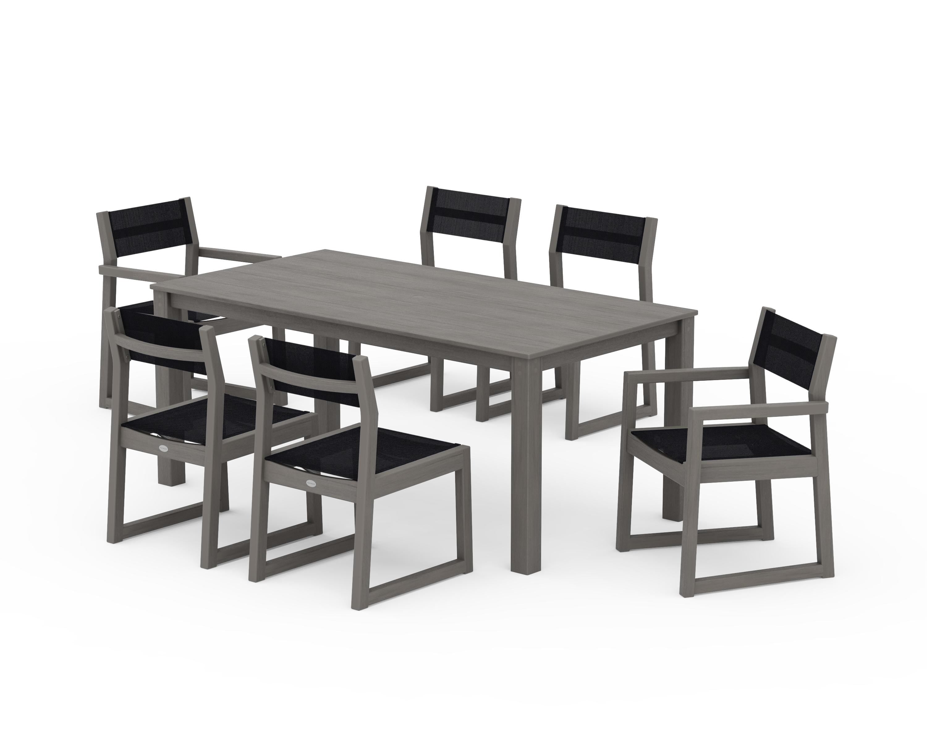 POLYWOOD EDGE Sling 7-Piece Parsons Dining Set in Driftwood / Black Sling