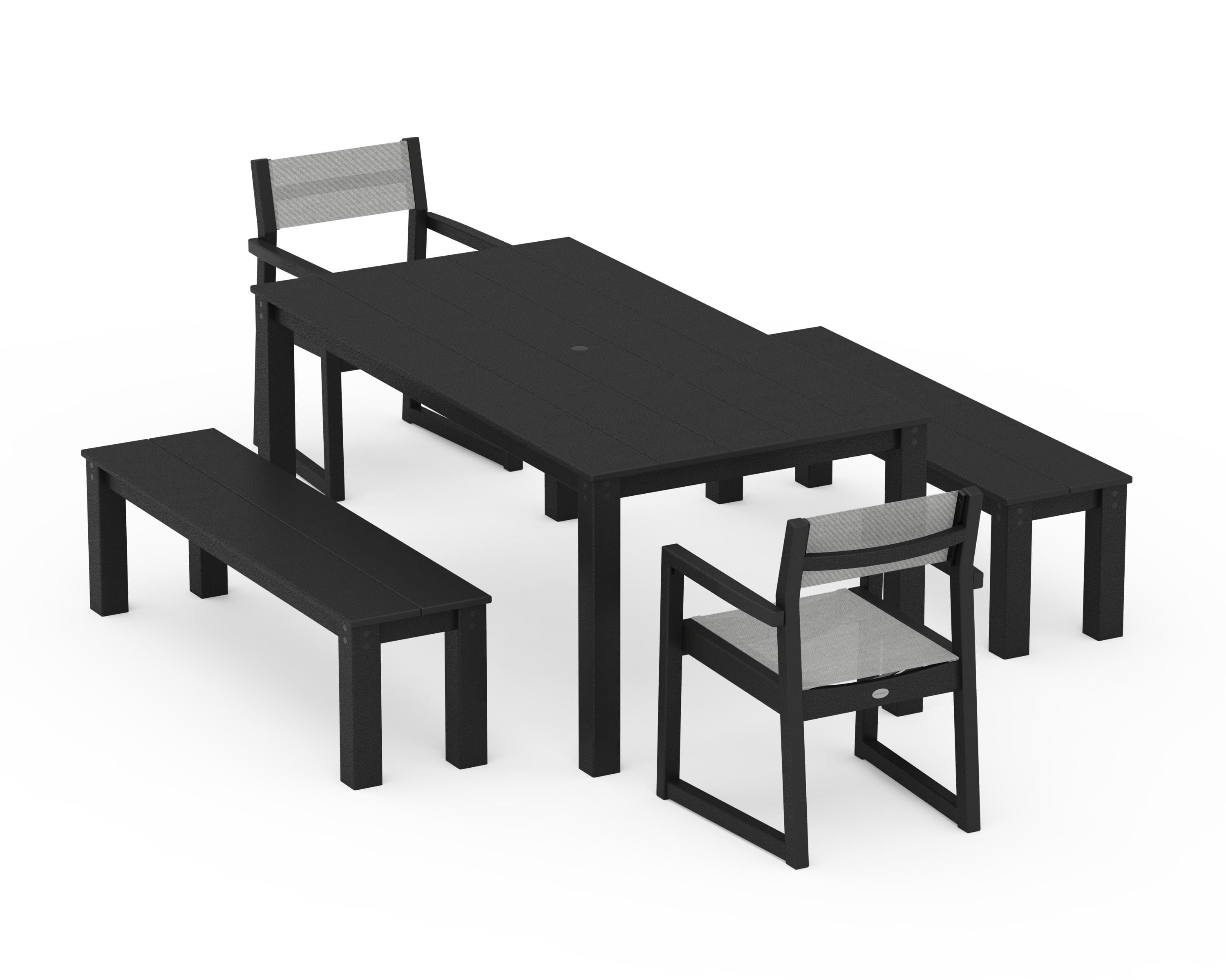 POLYWOOD EDGE Sling Arm Chair 5-Piece Parsons Dining Set with Benches in Black / Metallic Sling