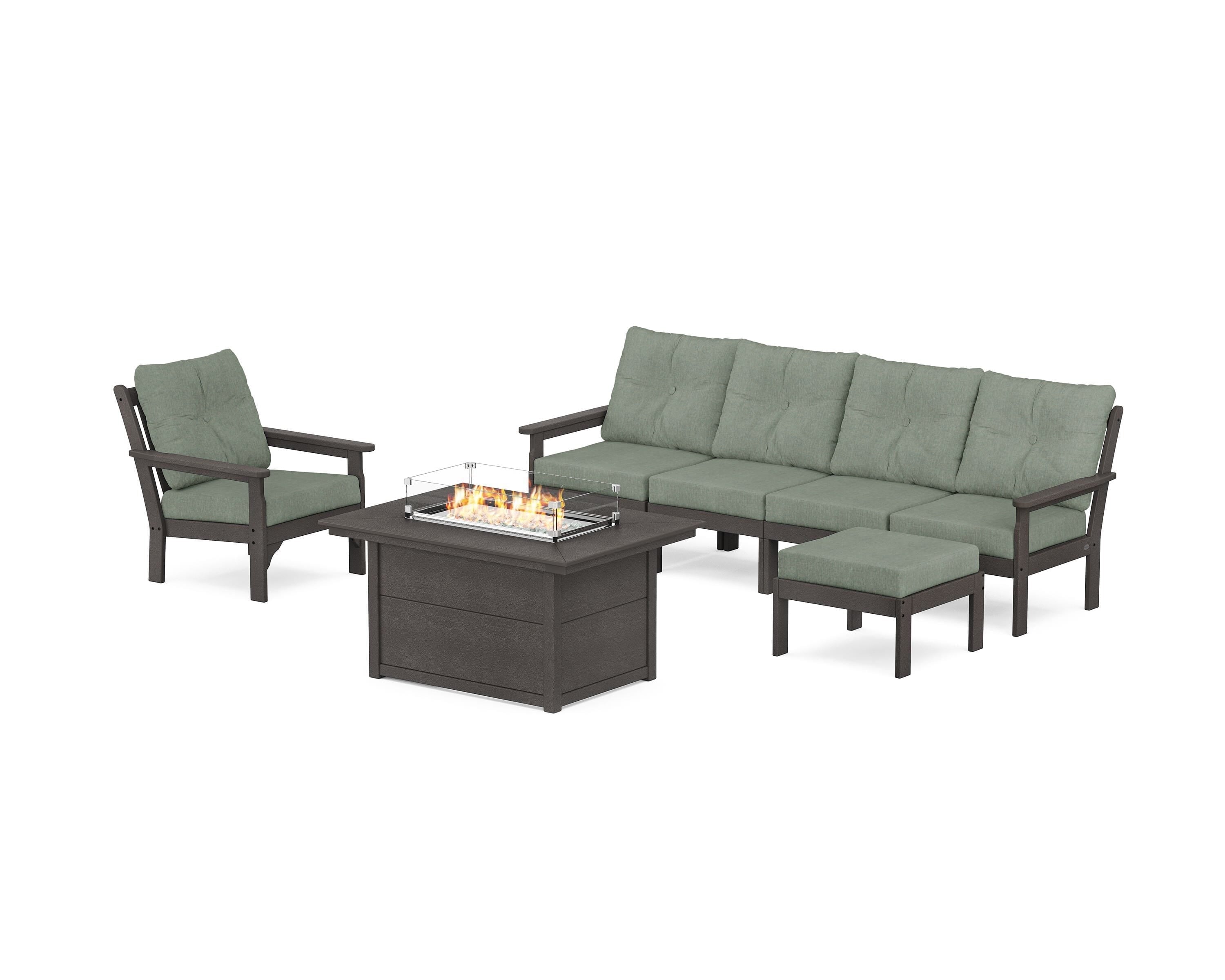 POLYWOOD Vineyard Sectional Lounge and Fire Pit Set in Vintage Coffee / Cast Sage
