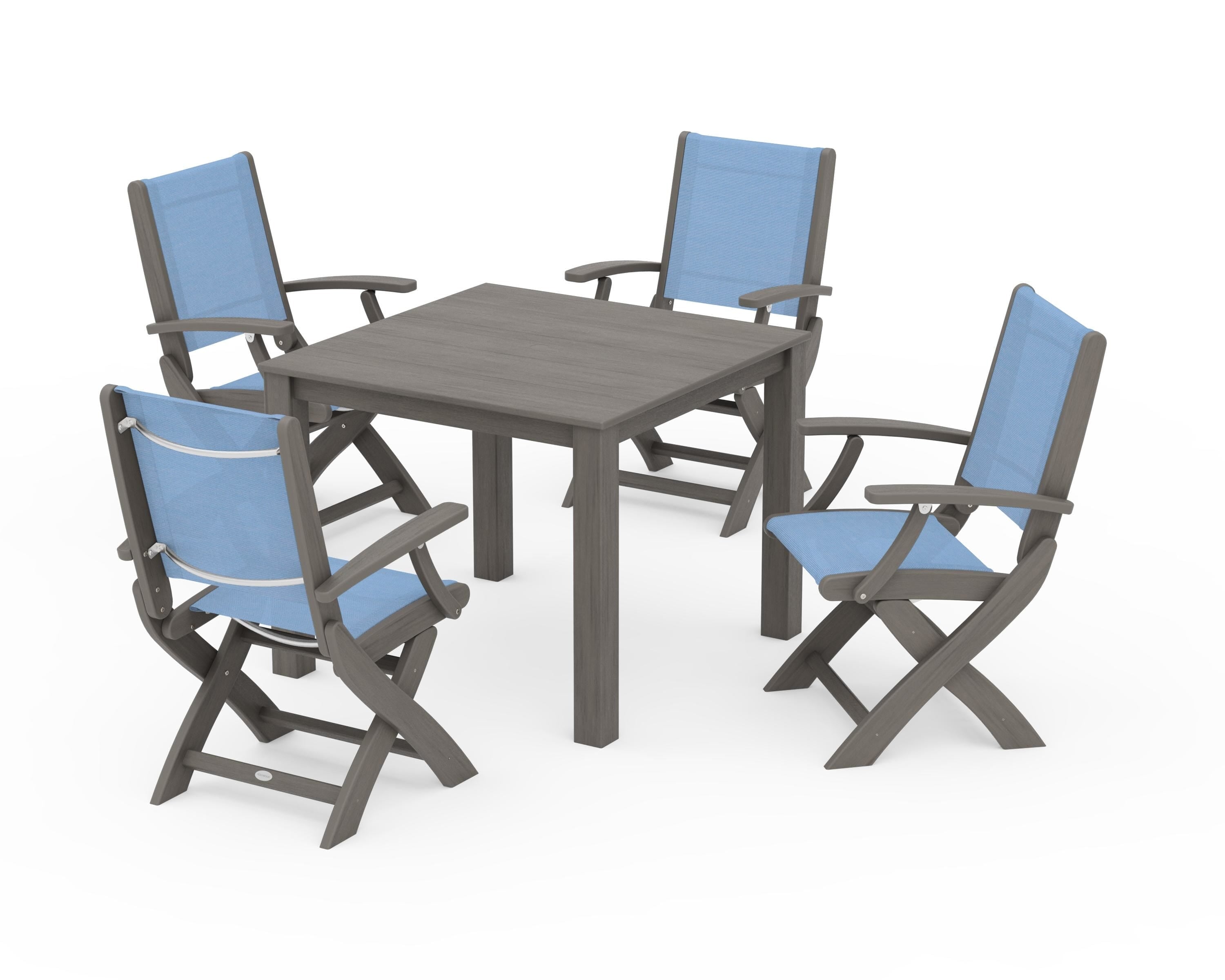 POLYWOOD Coastal Folding Chair 5-Piece Parsons Dining Set in Driftwood / Poolside Sling