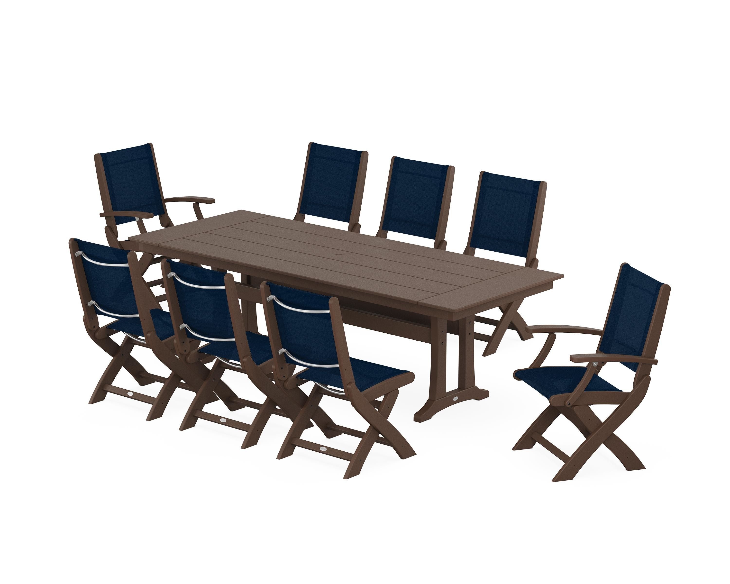 POLYWOOD Coastal 9-Piece Folding Dining Chair Farmhouse Dining Set with Trestle Legs in Mahogany / Navy Blue Sling