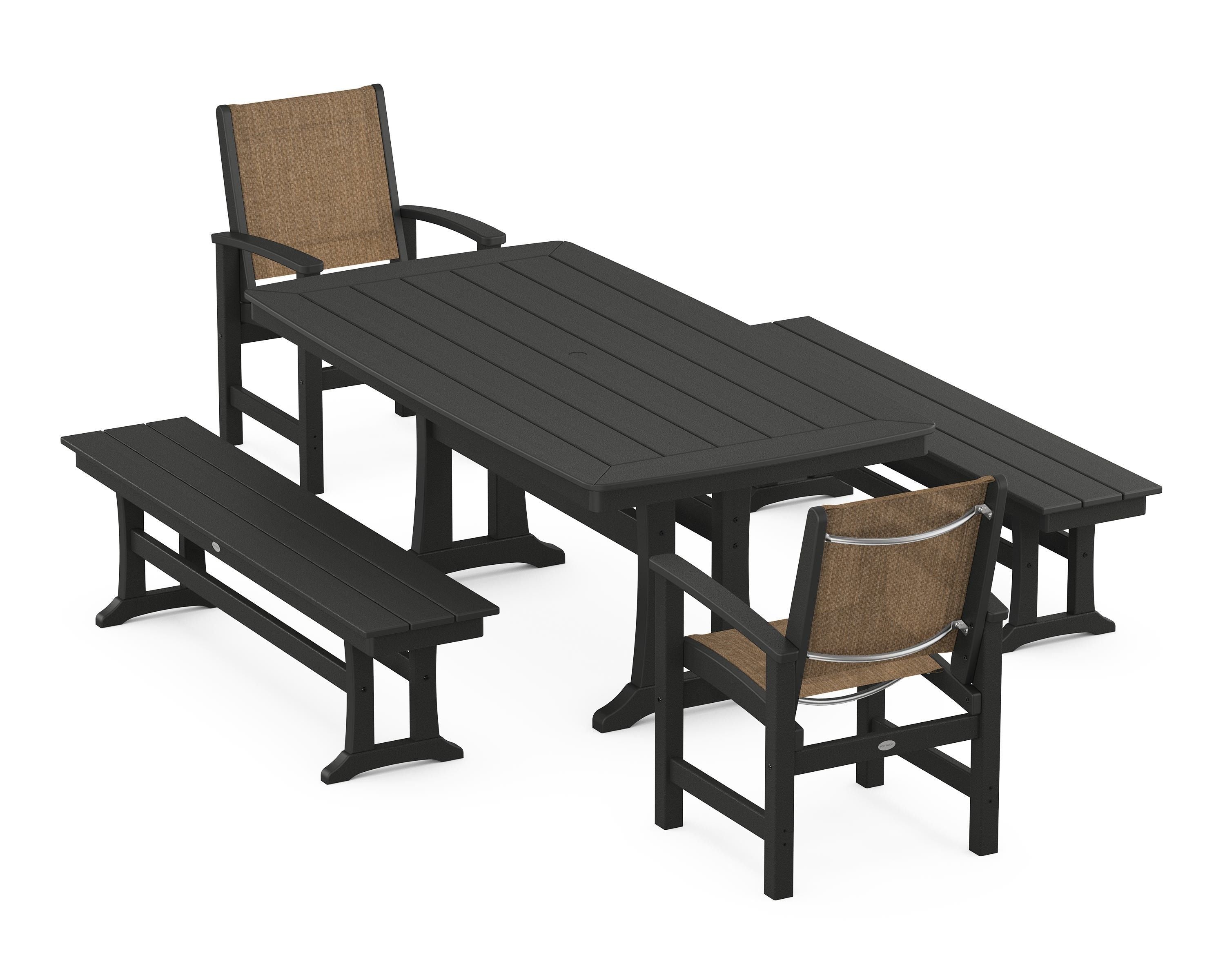 POLYWOOD Coastal 5-Piece Dining Set with Trestle Legs and Benches in Black / Burlap Sling
