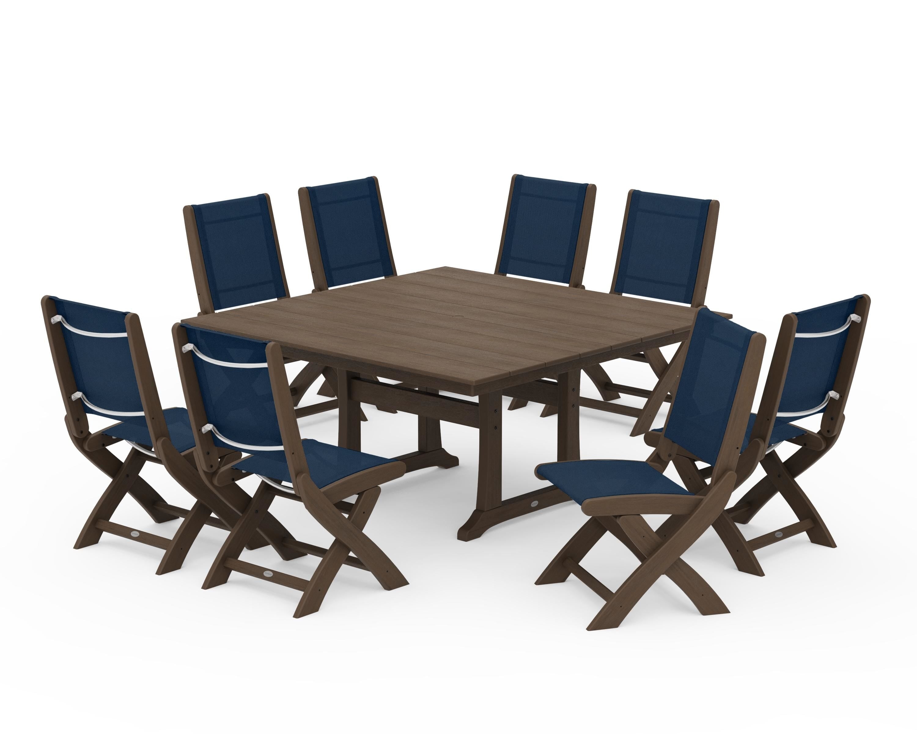 POLYWOOD Coastal Folding Side Chair 9-Piece Farmhouse Dining Set in Kona / Navy Blue Sling