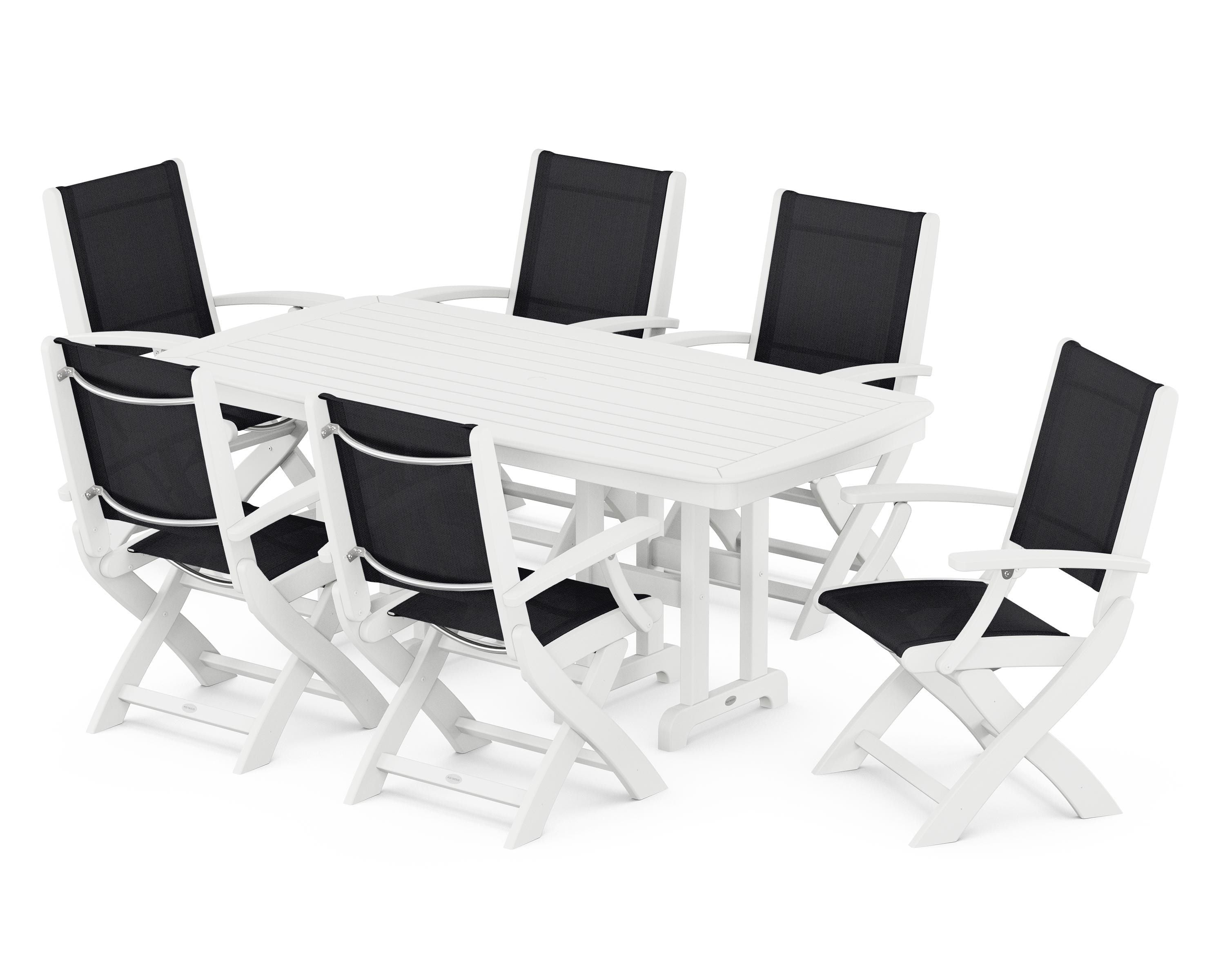 POLYWOOD Coastal Folding Arm Chair 7-Piece Dining Set in White / Black Sling