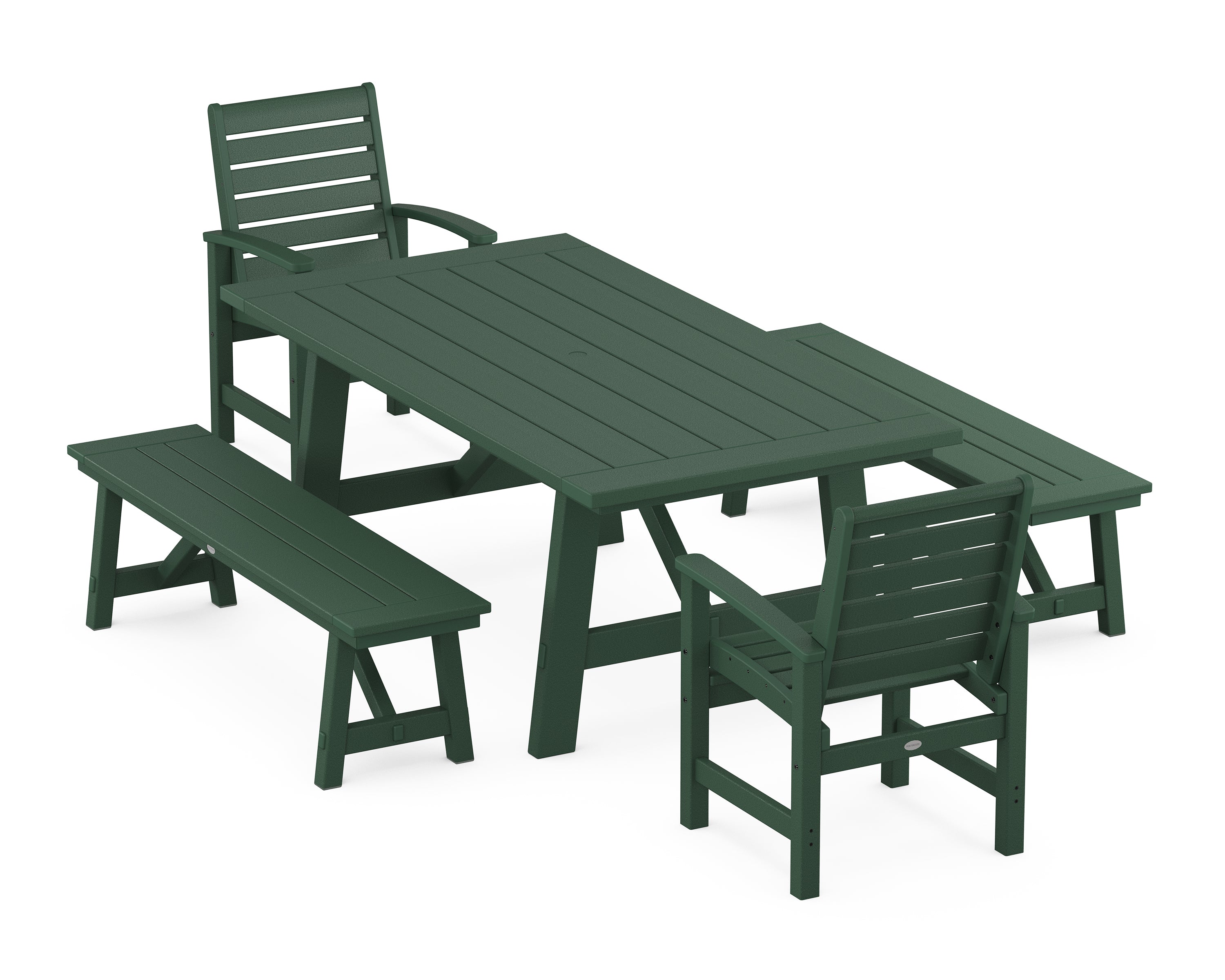 POLYWOOD® Signature 5-Piece Rustic Farmhouse Dining Set With Benches in Green