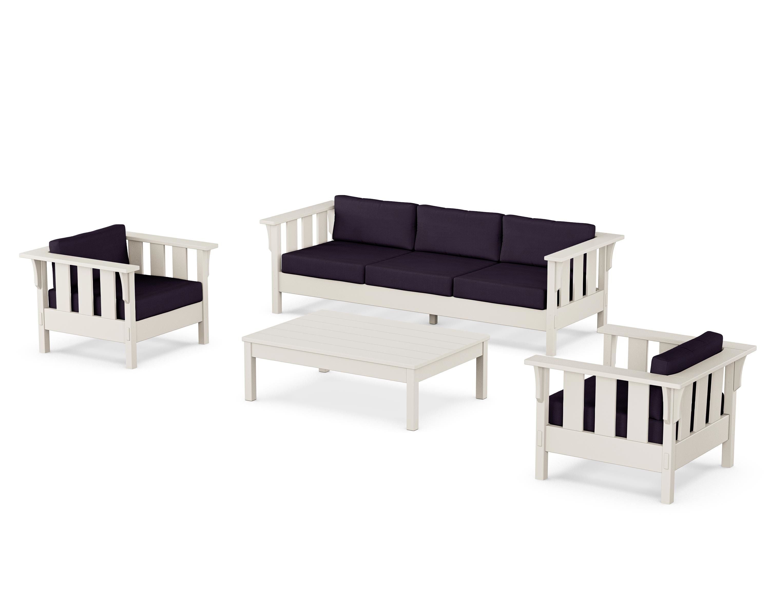 Martha Stewart by POLYWOOD Acadia 4-Piece Deep Seating Set with Sofa in Sand / Navy Linen