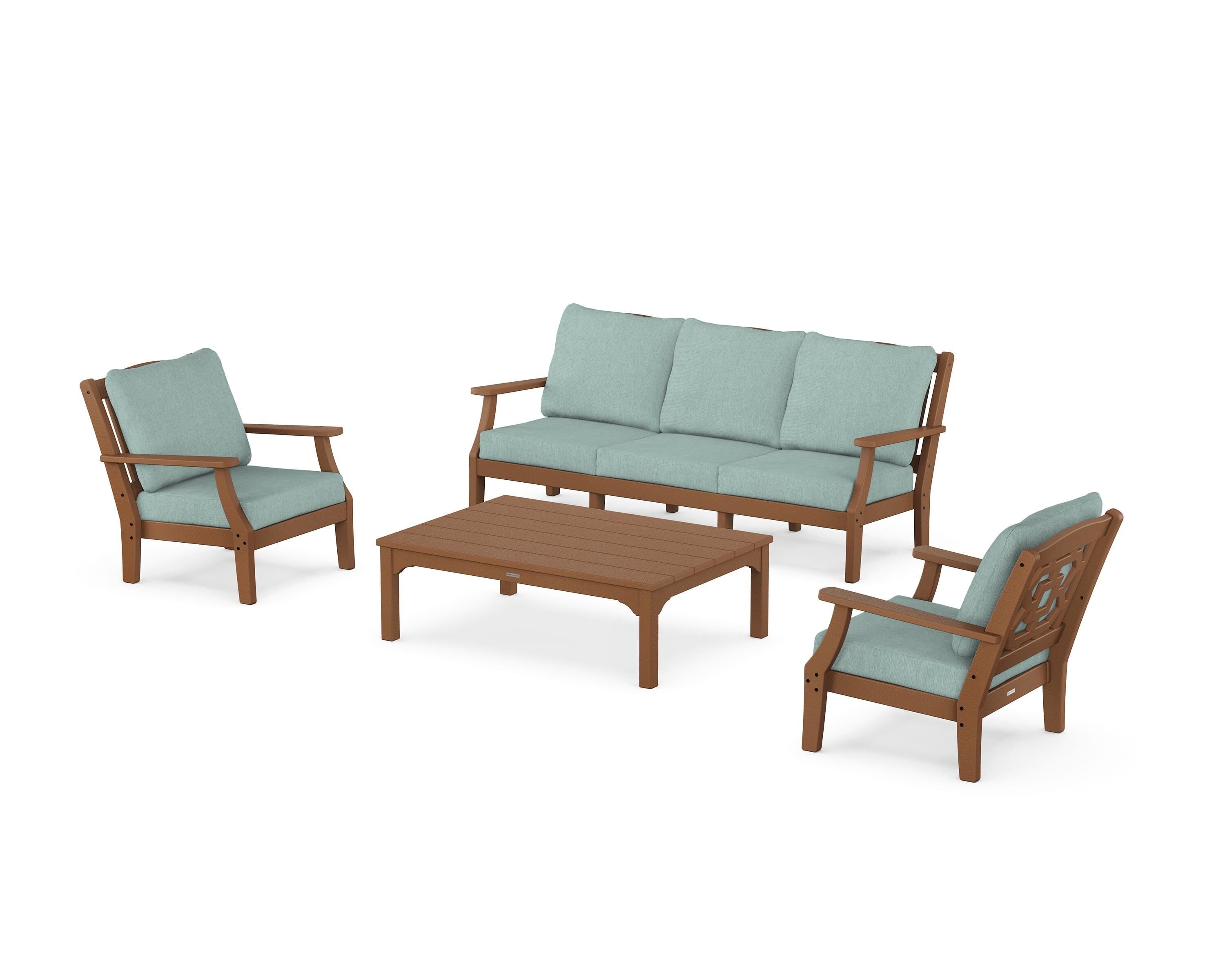 Martha Stewart by POLYWOOD Chinoiserie 4-Piece Deep Seating Set with Sofa in Teak / Glacier Spa