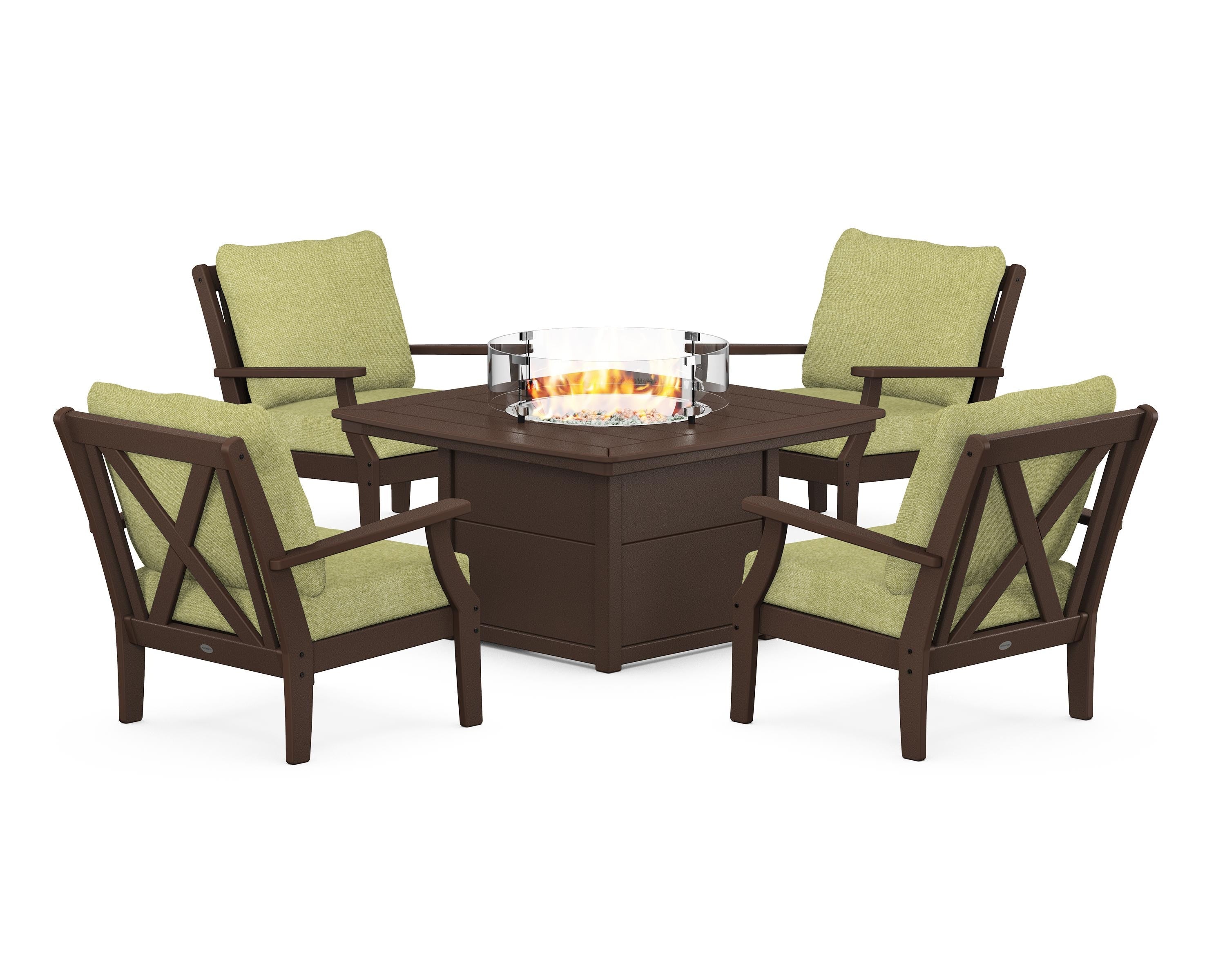 POLYWOOD Braxton 5-Piece Deep Seating Conversation Set with Fire Pit Table in Mahogany / Chartreuse Boucle