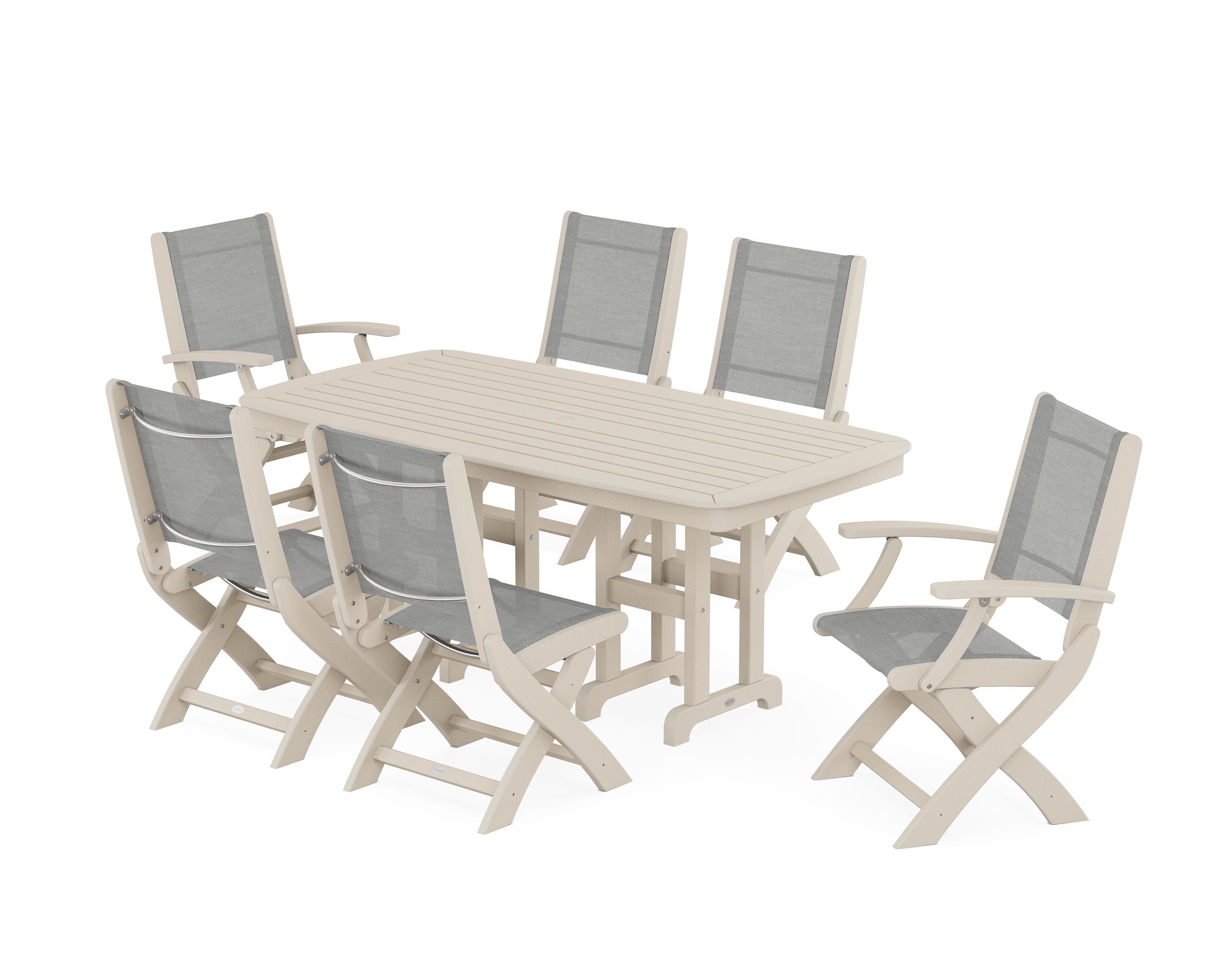 POLYWOOD Coastal Folding Chair 7-Piece Dining Set in Sand / Metallic Sling
