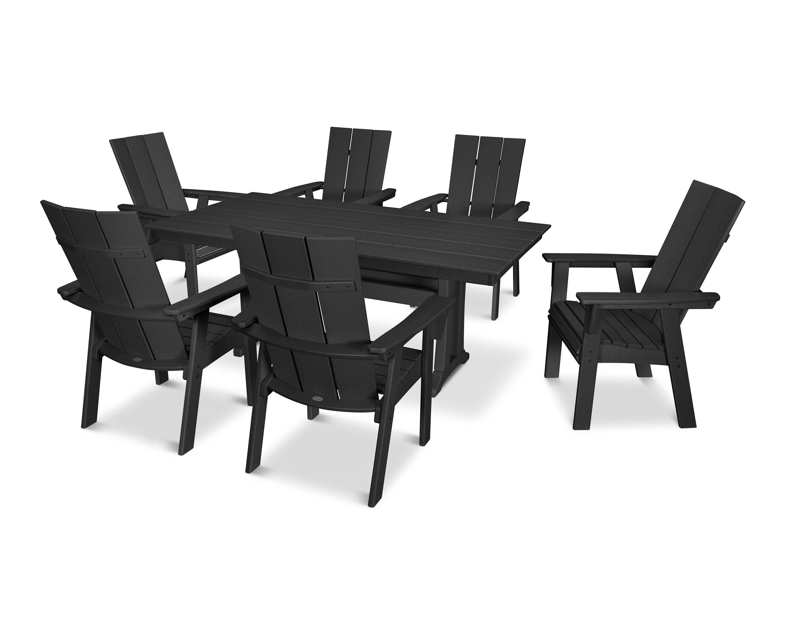 POLYWOOD® Modern Curveback Adirondack 7-Piece Farmhouse Dining Set with Trestle Legs in Black