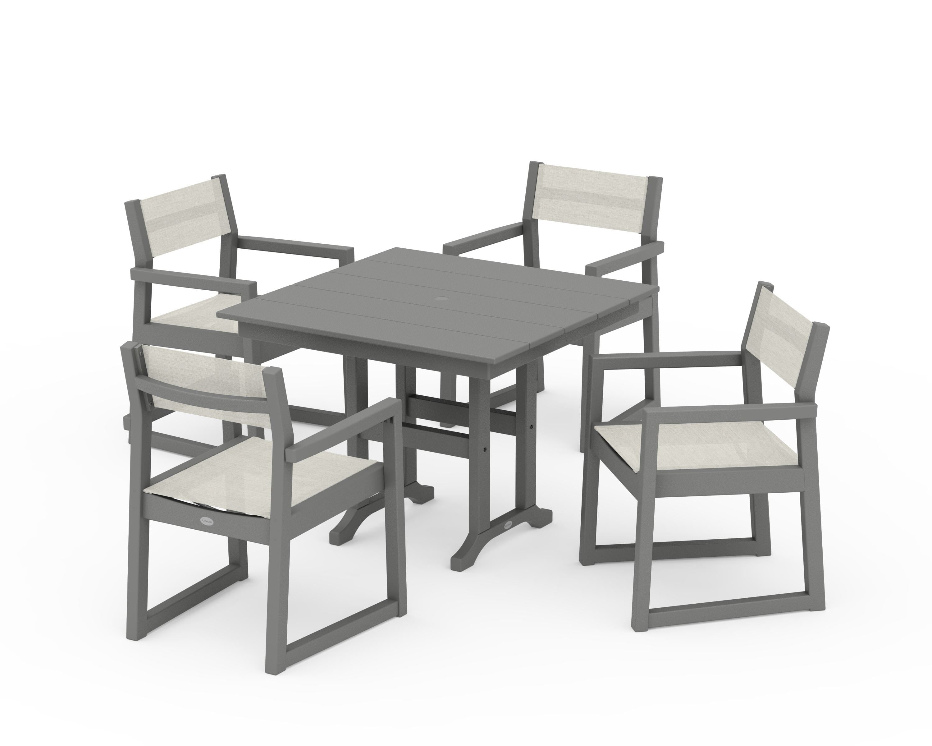 POLYWOOD EDGE Sling Arm Chair 5-Piece Farmhouse Dining Set in Slate Grey / Parchment Sling