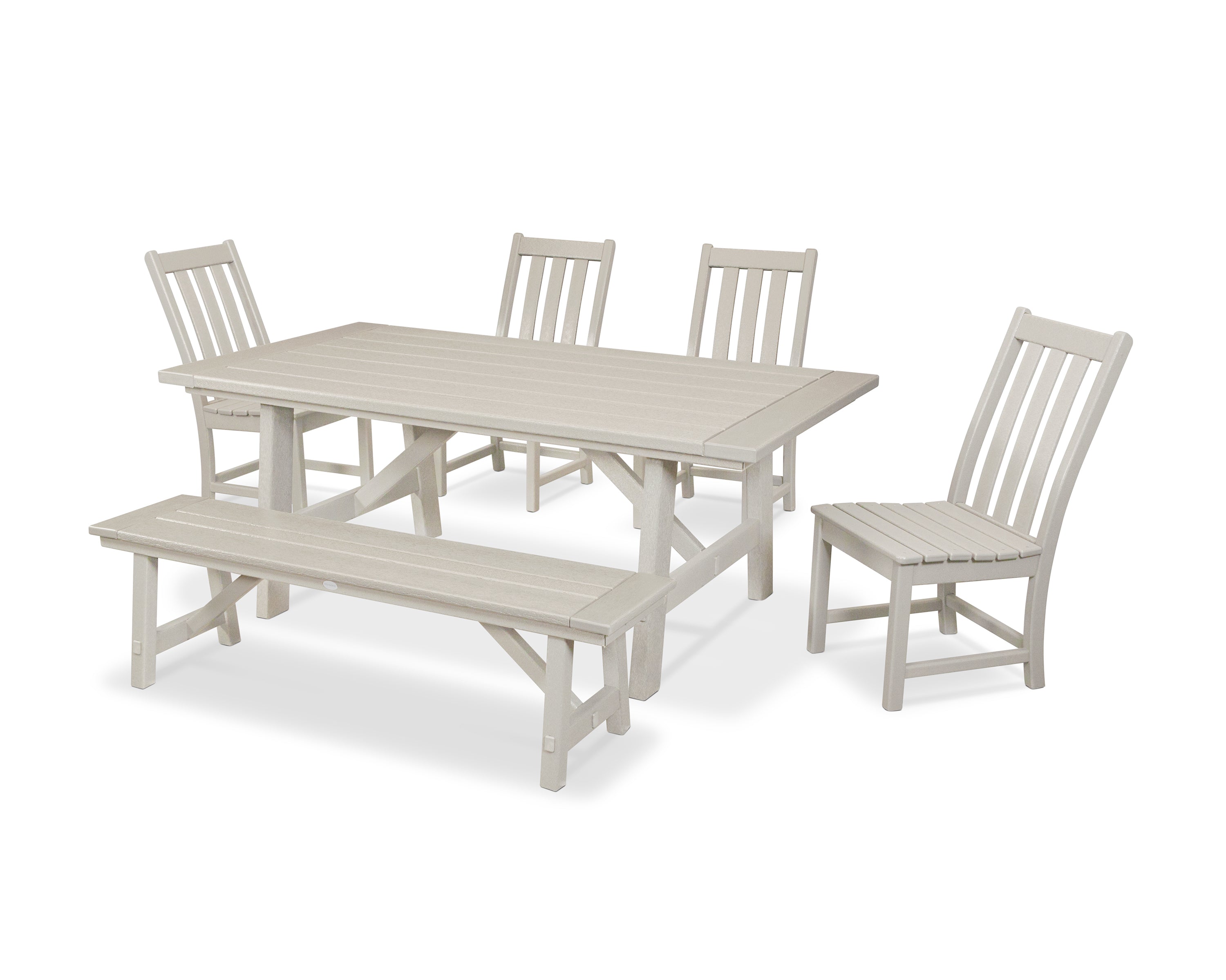 POLYWOOD® Vineyard 6-Piece Rustic Farmhouse Side Chair Dining Set with Bench in Sand