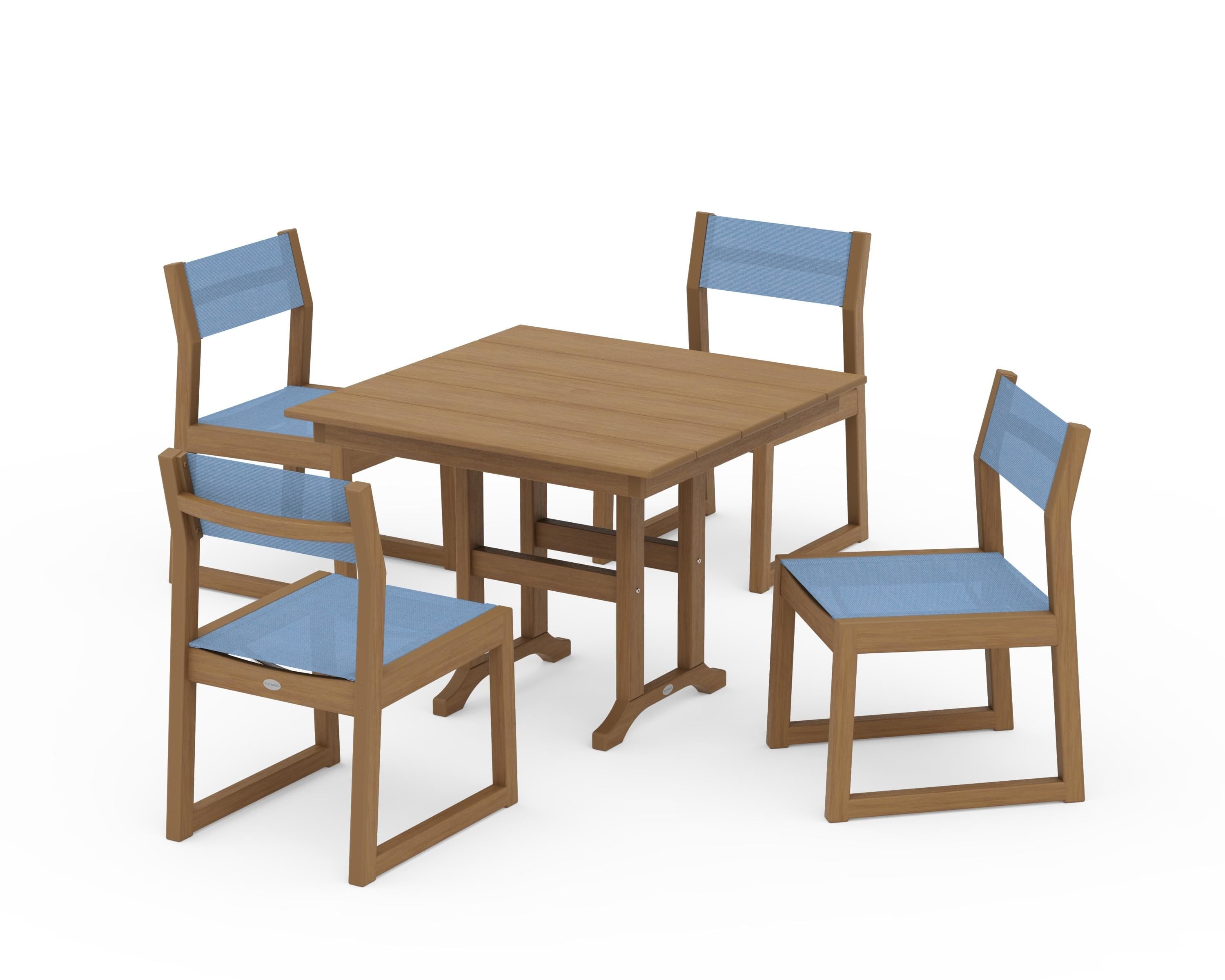 POLYWOOD EDGE Sling Side Chair 5-Piece Farmhouse Dining Set in Natural / Poolside Sling