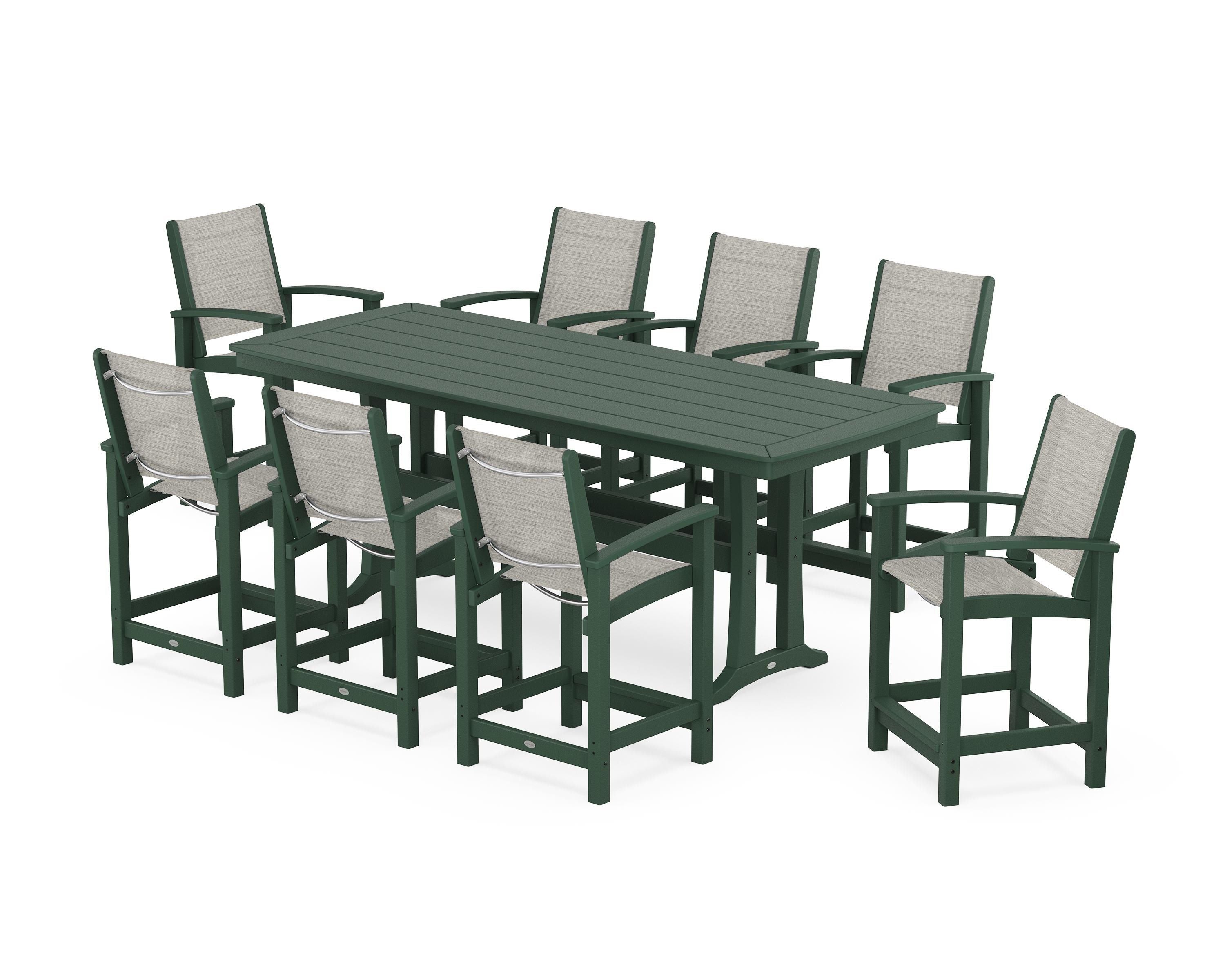 POLYWOOD Coastal 9-Piece Counter Set with Trestle Legs in Green / Birch Sling