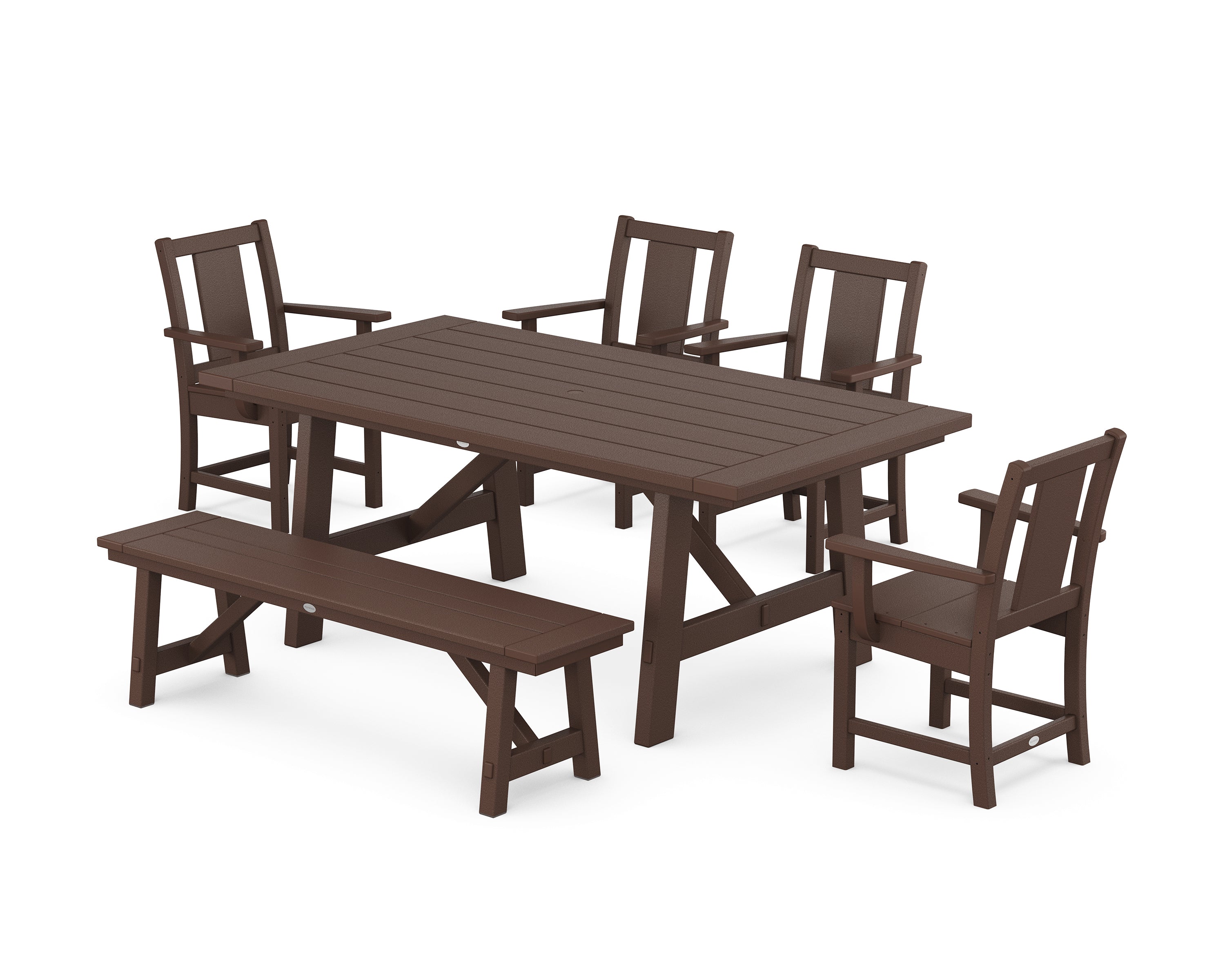 POLYWOOD® Prairie 6-Piece Rustic Farmhouse Dining Set with Bench in Mahogany