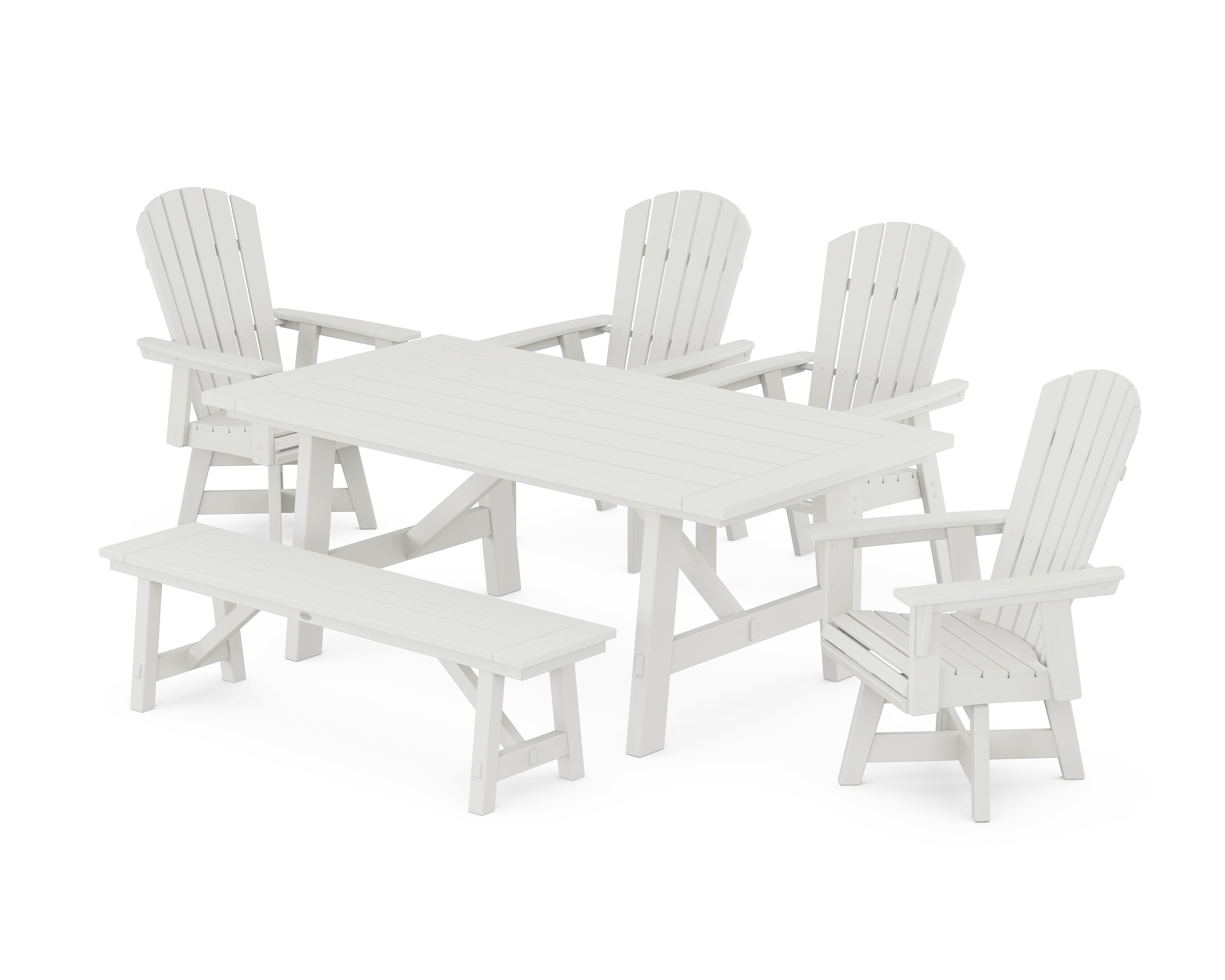 POLYWOOD® Nautical Adirondack Swivel 6-Piece Rustic Farmhouse Dining Set With Trestle Legs in Vintage White