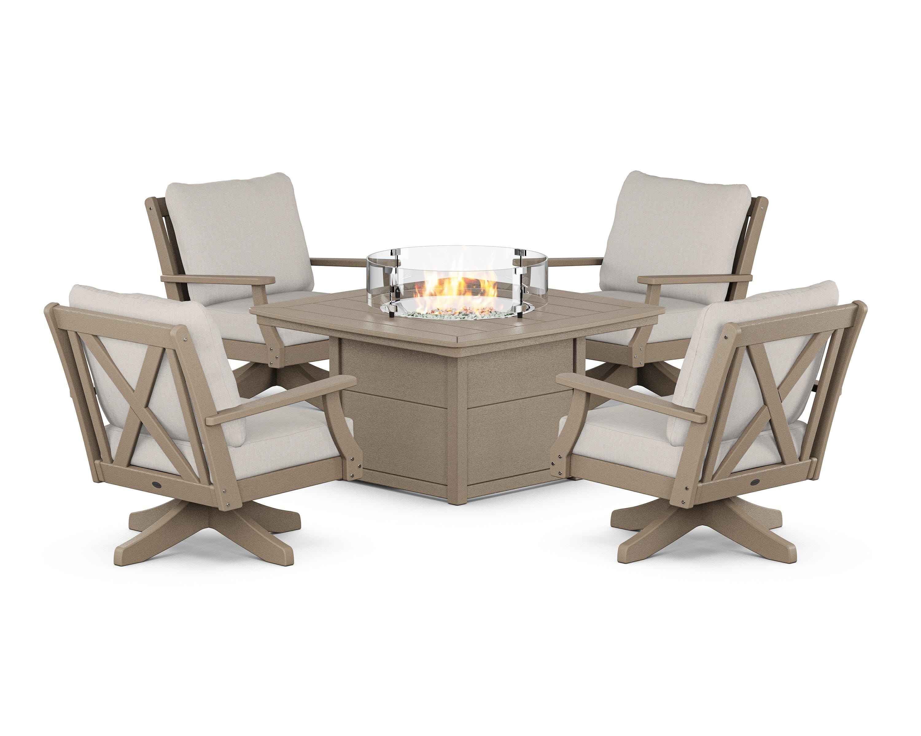 POLYWOOD Braxton 5-Piece Deep Seating Swivel Conversation Set with Fire Pit Table in Vintage Sahara / Cast Ash