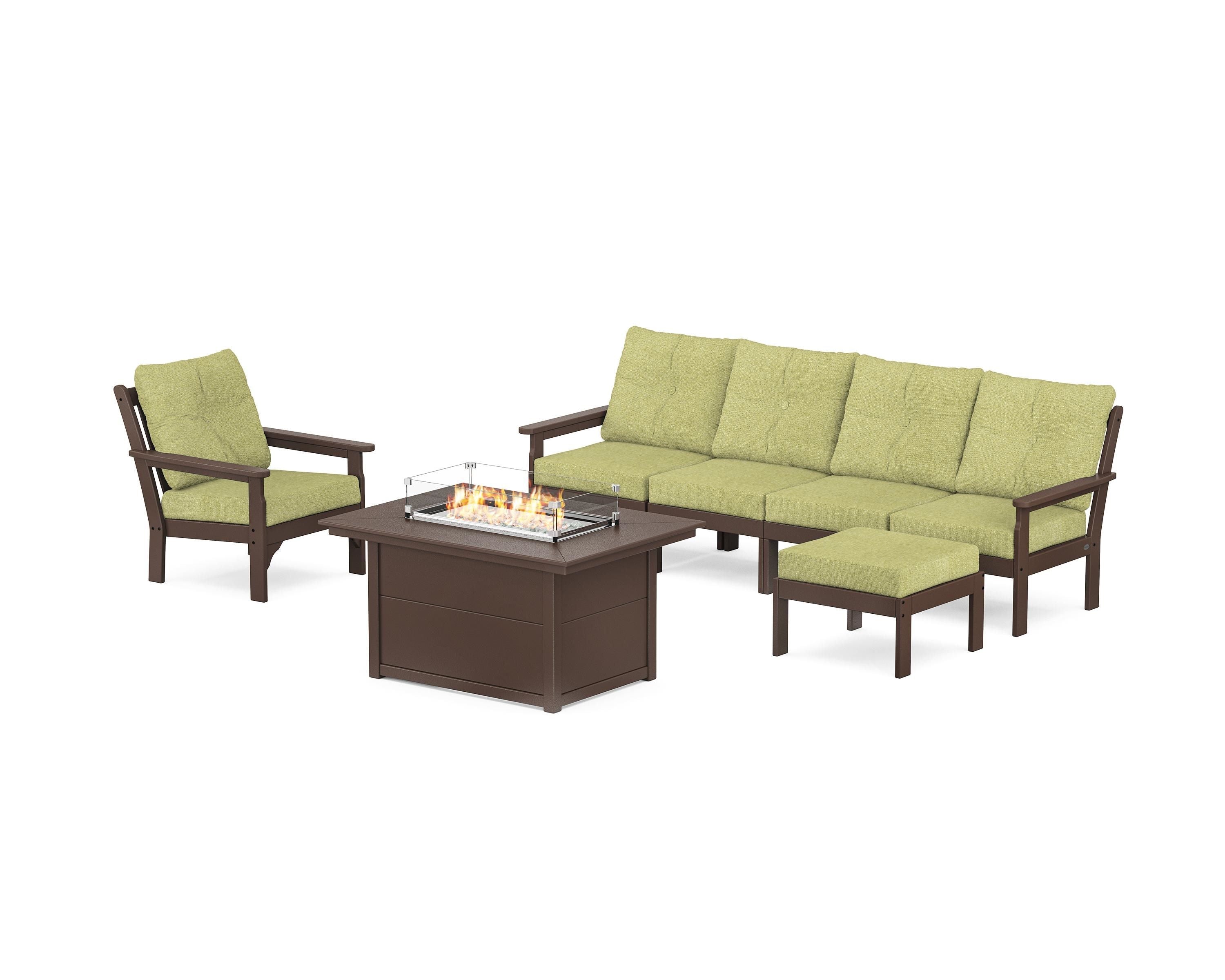 POLYWOOD Vineyard Sectional Lounge and Fire Pit Set in Mahogany / Chartreuse Boucle