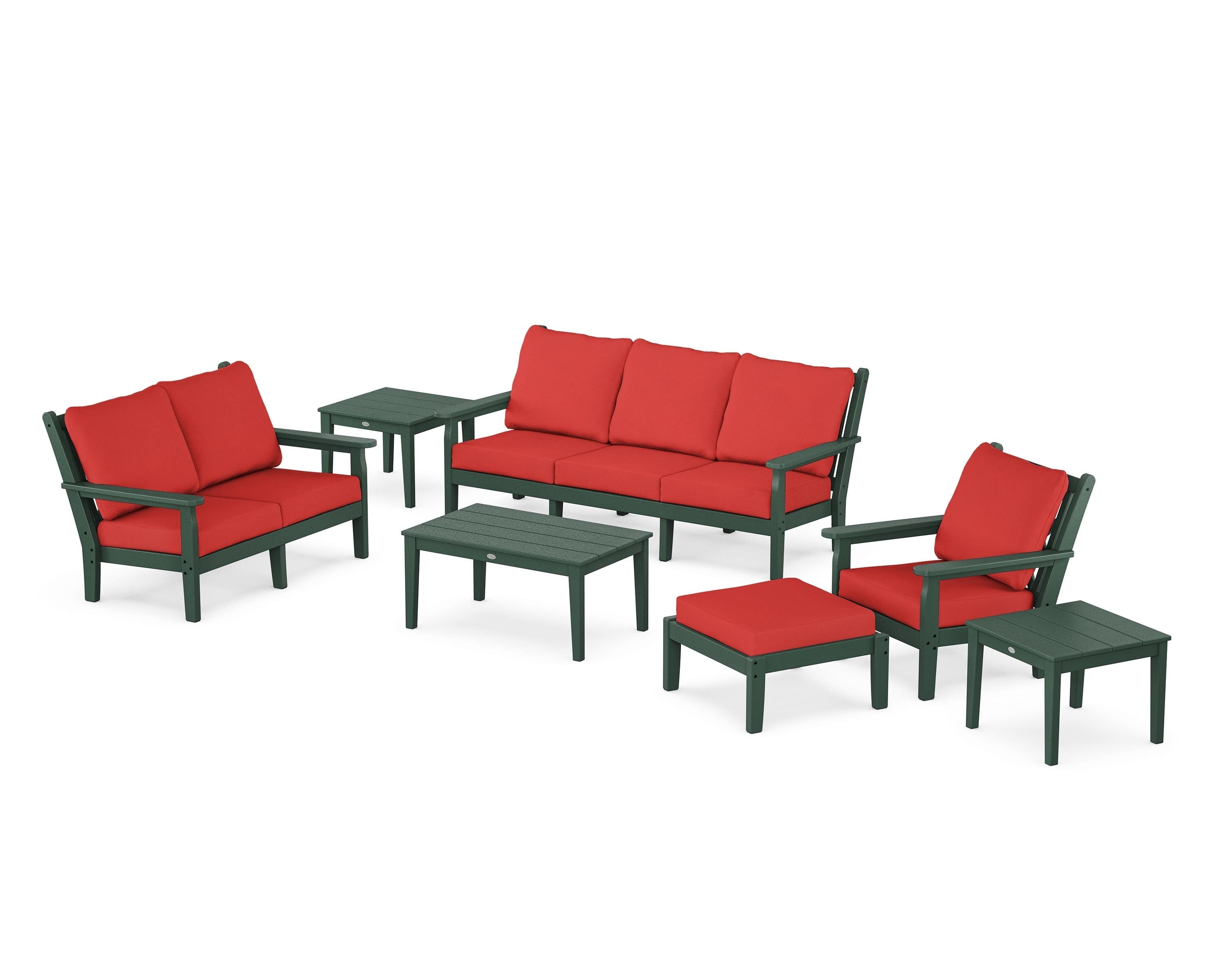 POLYWOOD Chippendale 7-Piece Deep Seating Set in Green / Crimson Linen