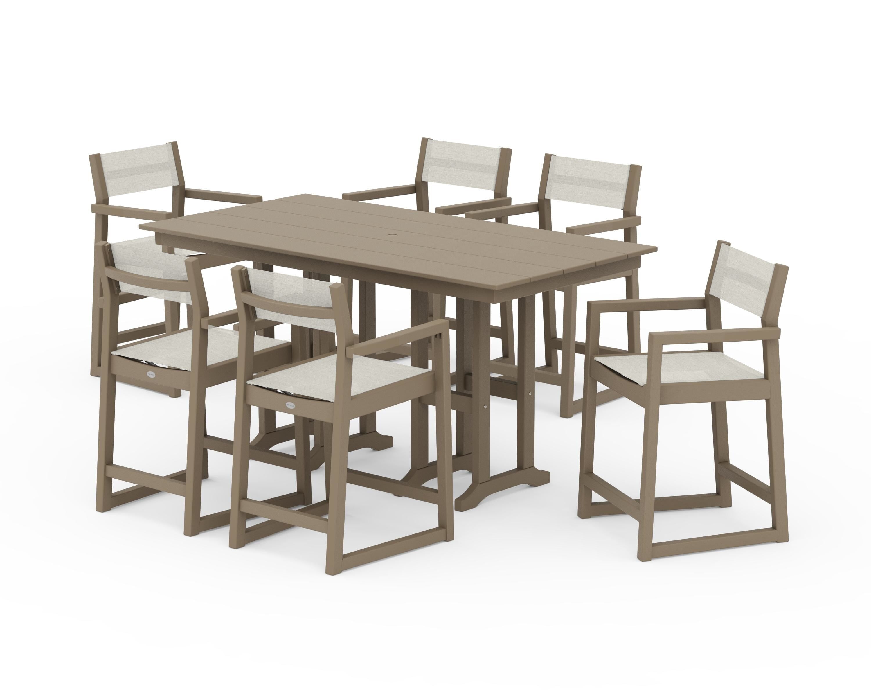 POLYWOOD EDGE Sling Arm Chair 7-Piece Farmhouse Counter Set in Vintage Sahara / Parchment Sling