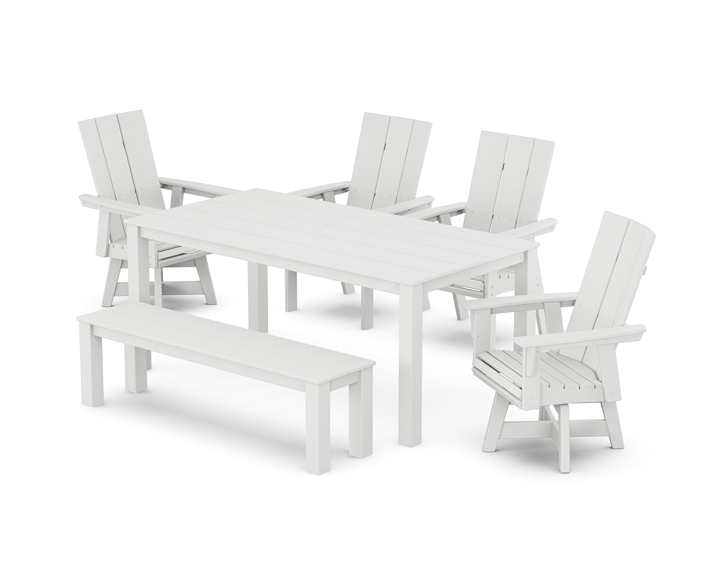 POLYWOOD® Modern Curveback Adirondack 6-Piece Parsons Swivel Dining Set with Bench in White